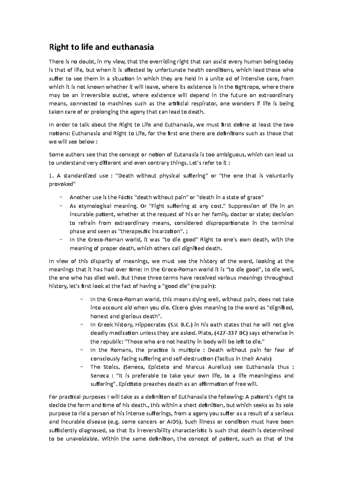 Right to life and euthanasia - In order to talk about the Right to Life ...