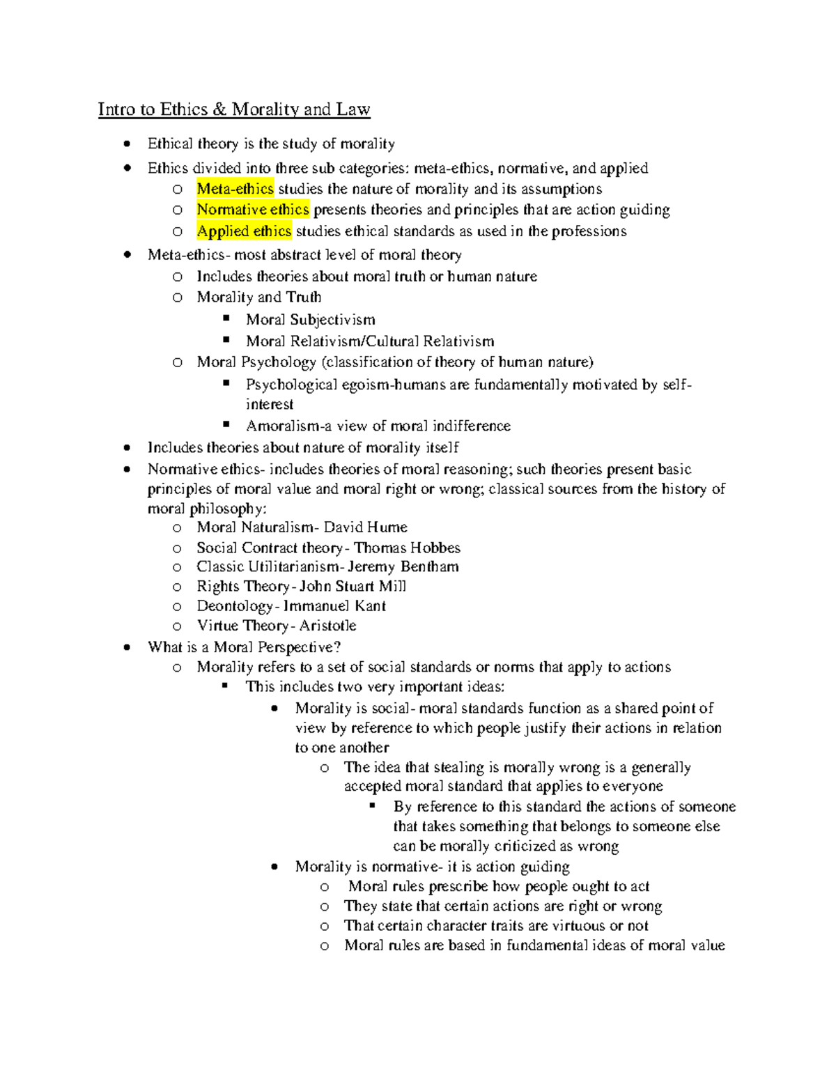 Ethics Week 1 - Intro To Ethics & Morality And Law Ethical Theory Is ...