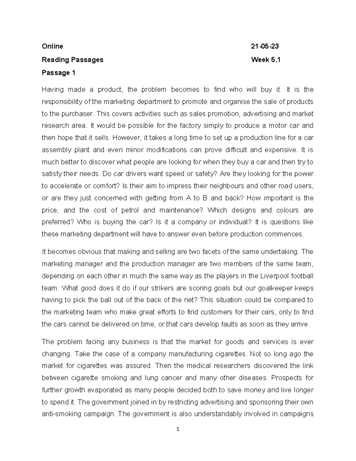 English notes bachelors - Online 21-05- Reading Passages Week 5 ...