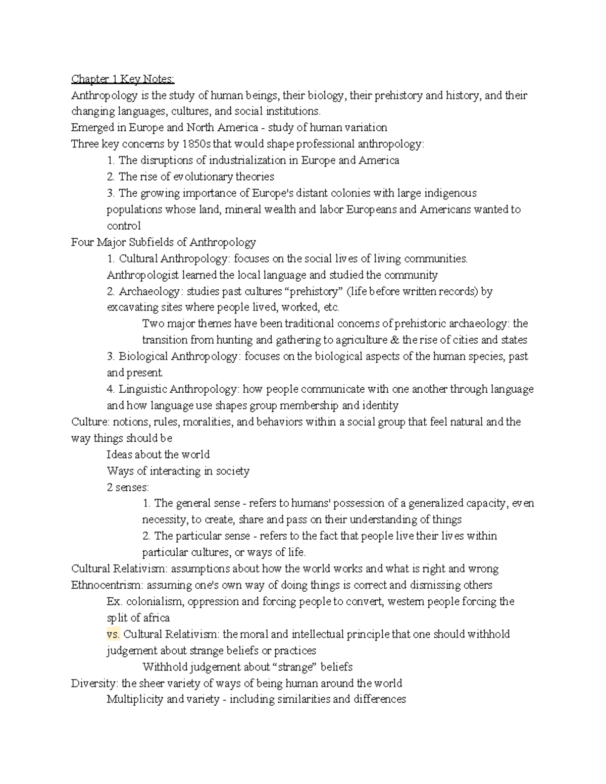 ANT2410 7 2 - Lecture notes 1 - Chapter 1 Key Notes: Anthropology is ...