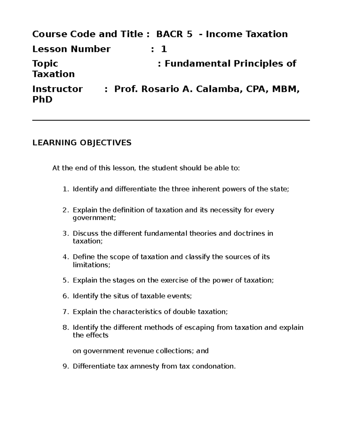 Module 01 Fundamrental Principles of Taxation - Course Code and Title ...