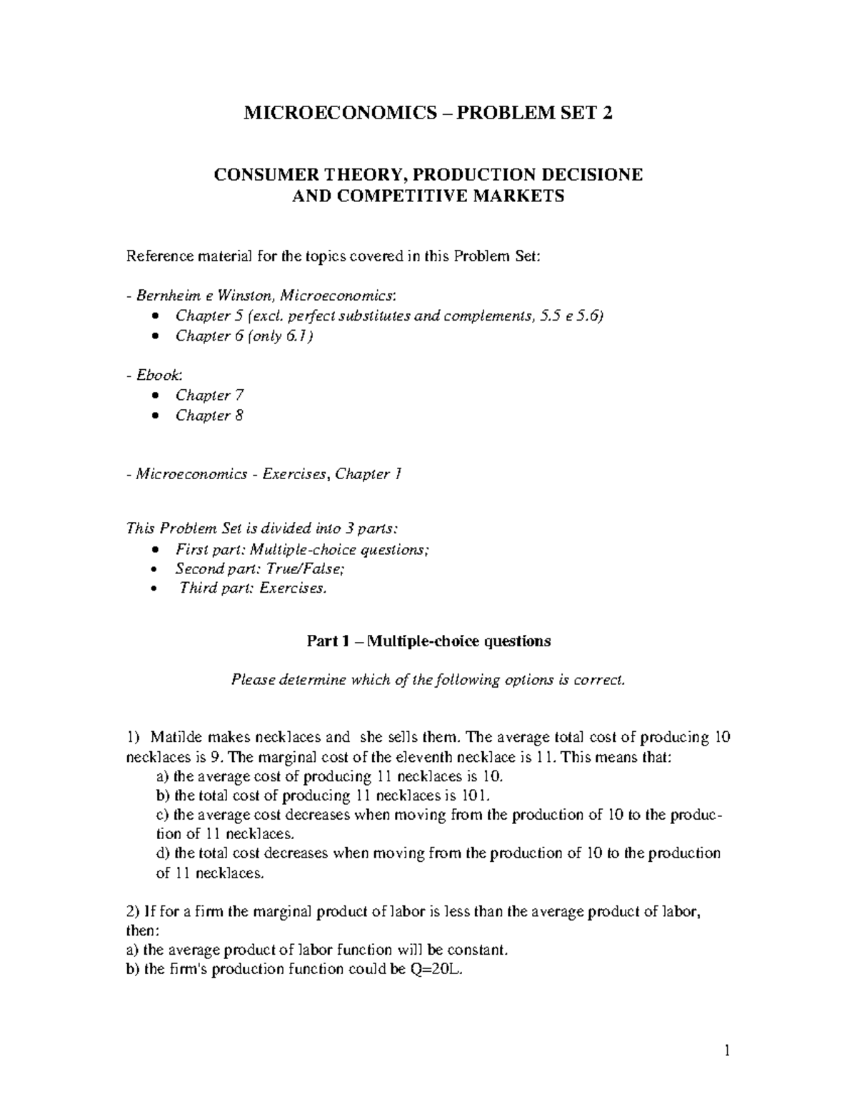 Problem Set 2 - caSG - MICROECONOMICS – PROBLEM SET 2 CONSUMER THEORY ...