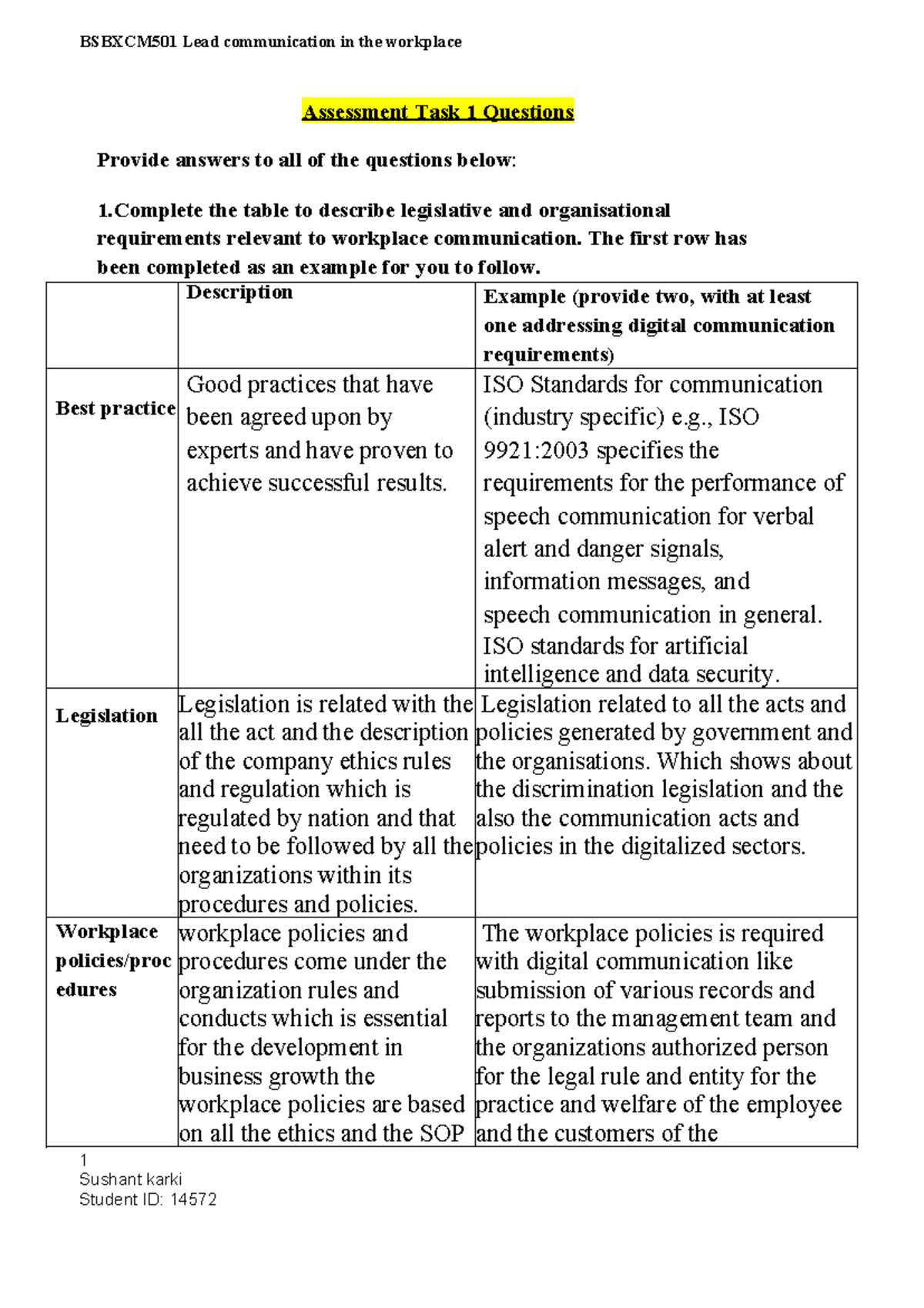 Assessment Task 1 Questions - Assessment Task 1 Questions Provide ...