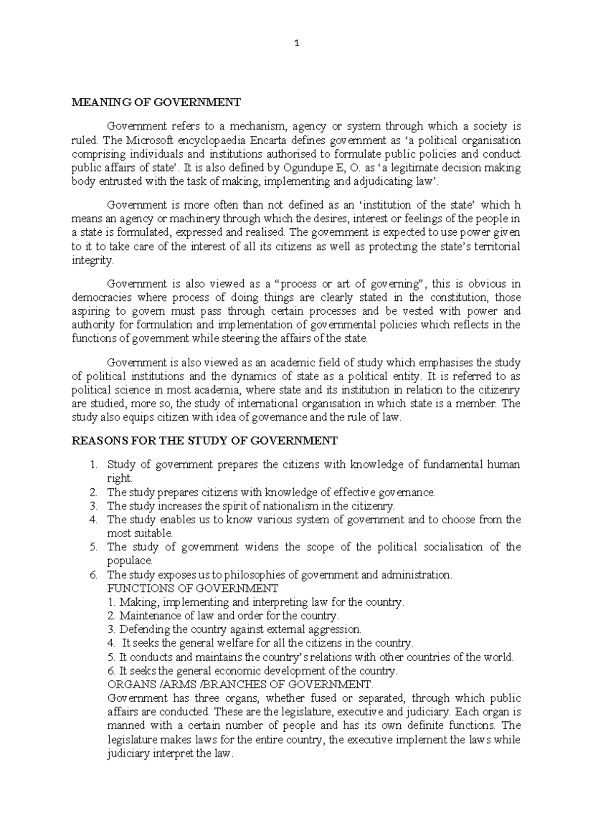 Government 011210 - MEANING OF GOVERNMENT Government refers to a ...