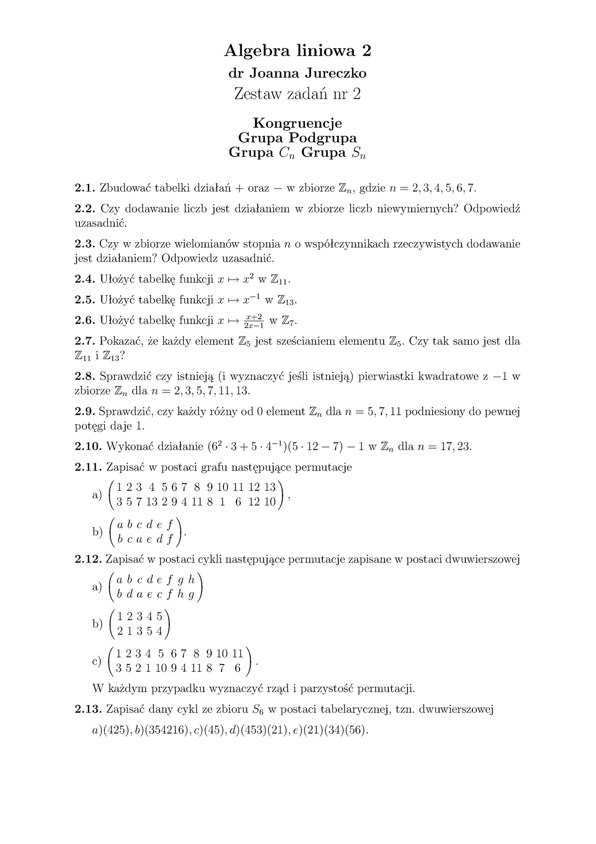 AL2-zestaw-2 - Algebra Liniowa 2 Zestaw 2 - Algebra Liniowa 2 Dr Joanna ...