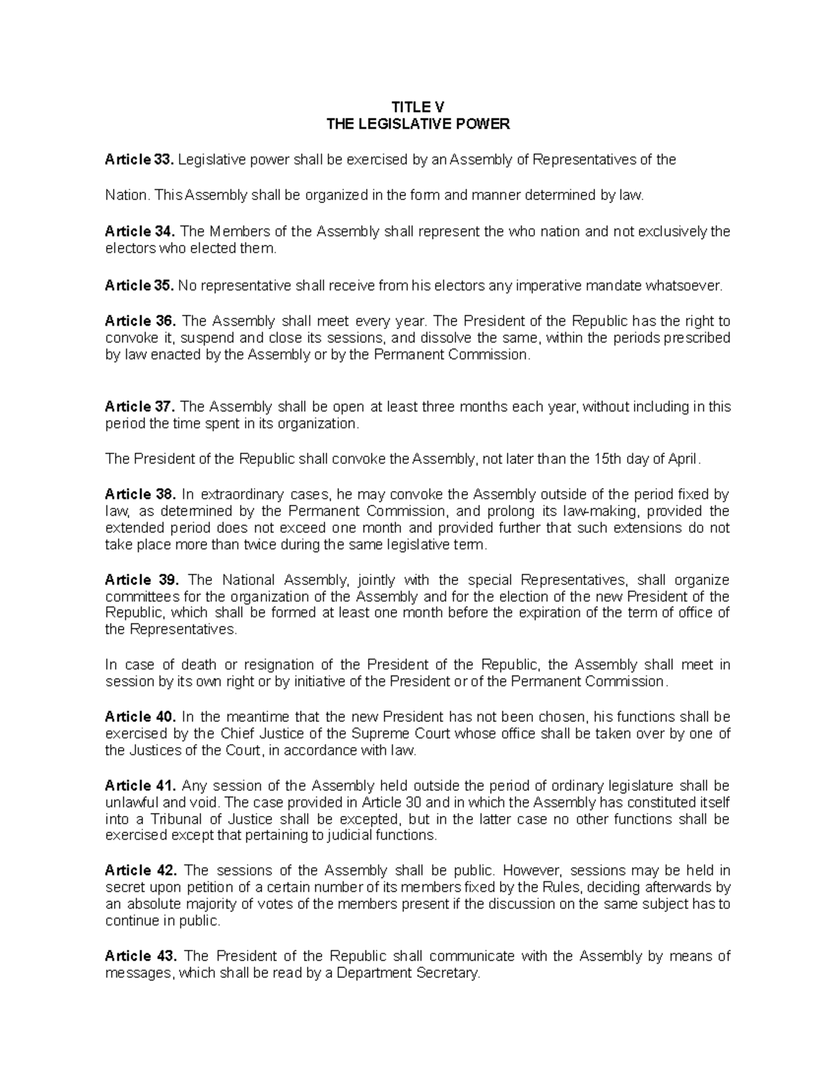Title V THE Legislative Power - TITLE V THE LEGISLATIVE POWER Article ...