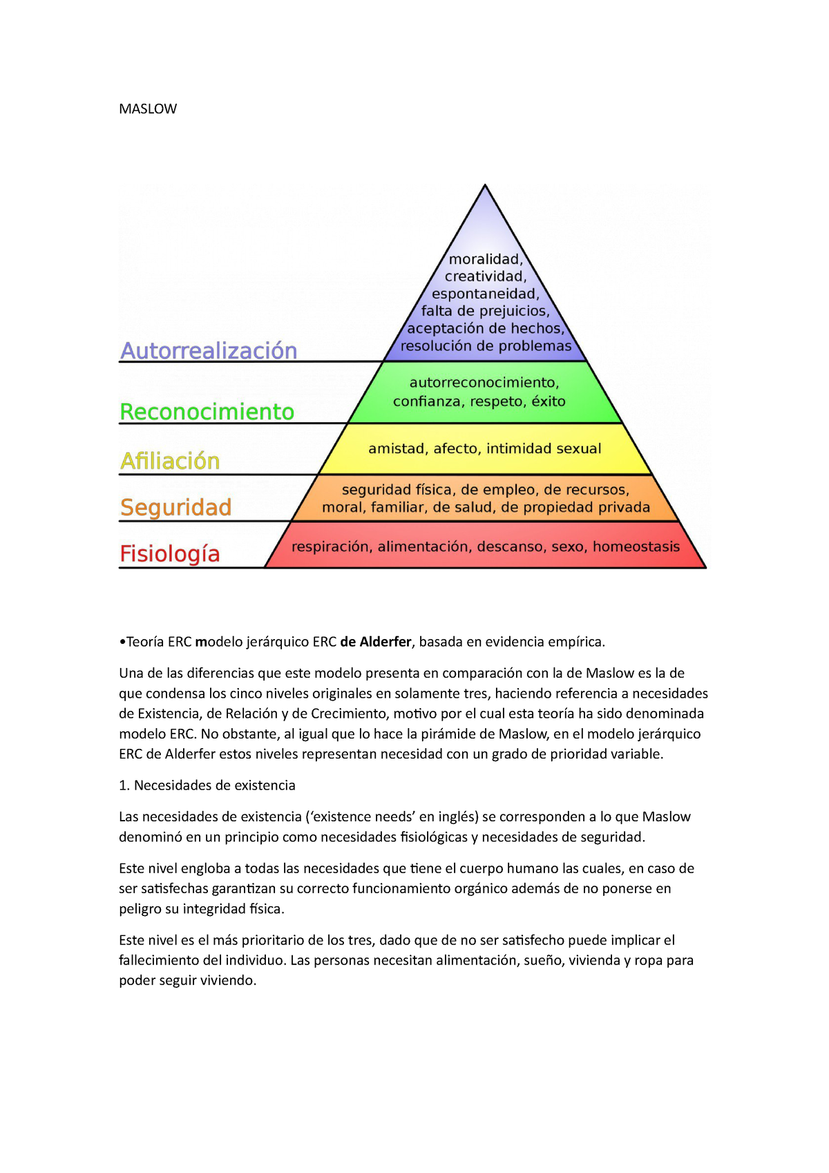 Maslow - bbbbbb - MASLOW •Teoría ERC modelo jerárquico ERC de Alderfer,  basada en evidencia - Studocu