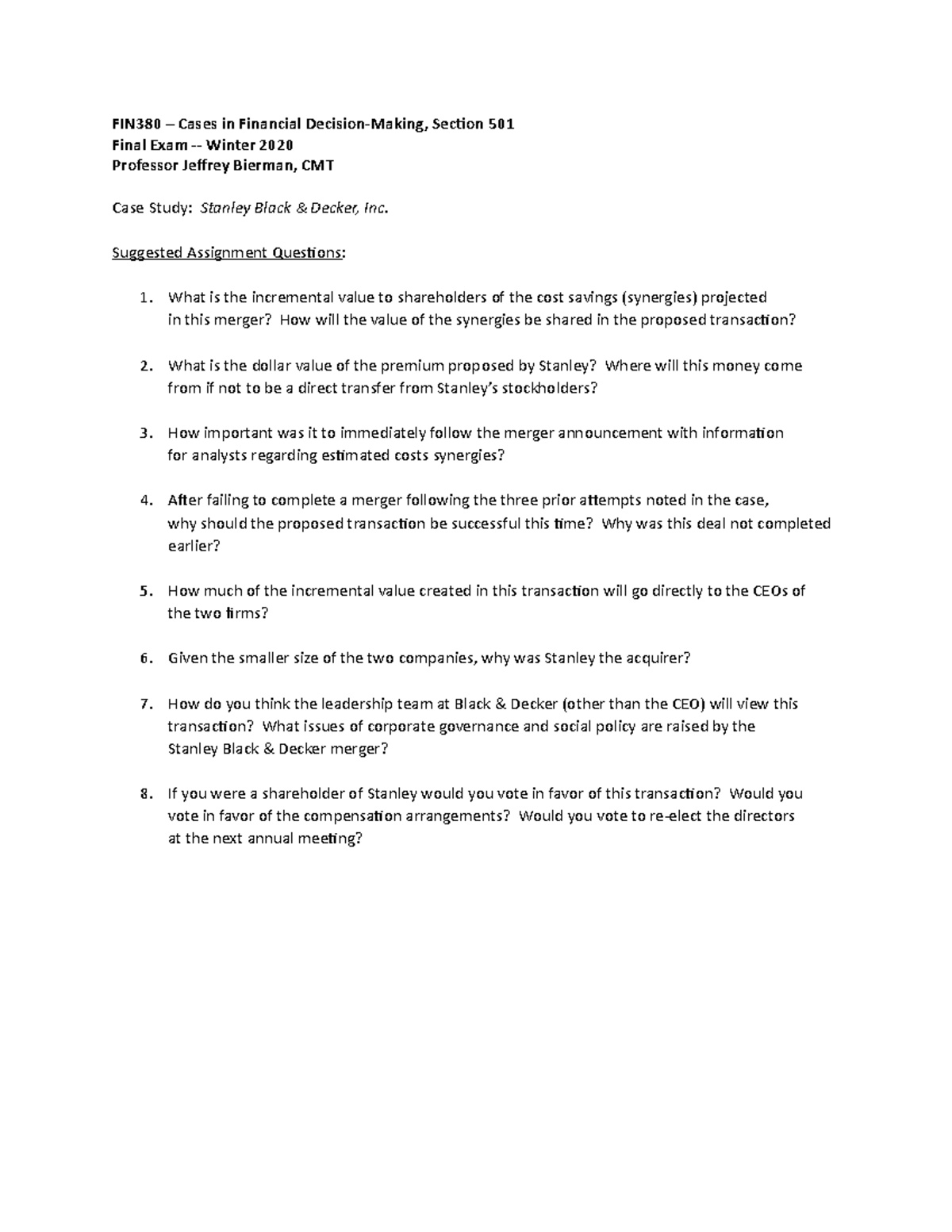 FIN380 Stanley Black & Decker Case Study Assignment Questions
