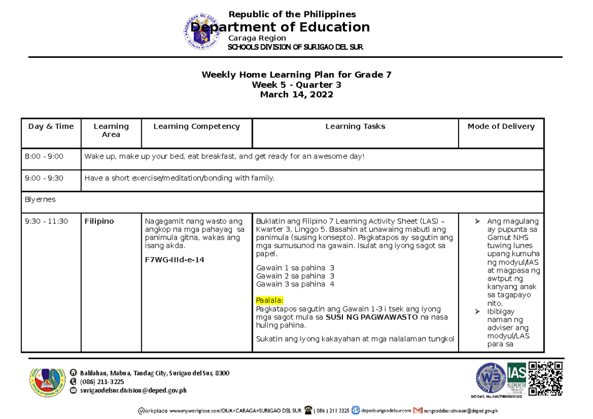 Weekly lesson plan 3RD grading - Department of Education Caraga Region ...