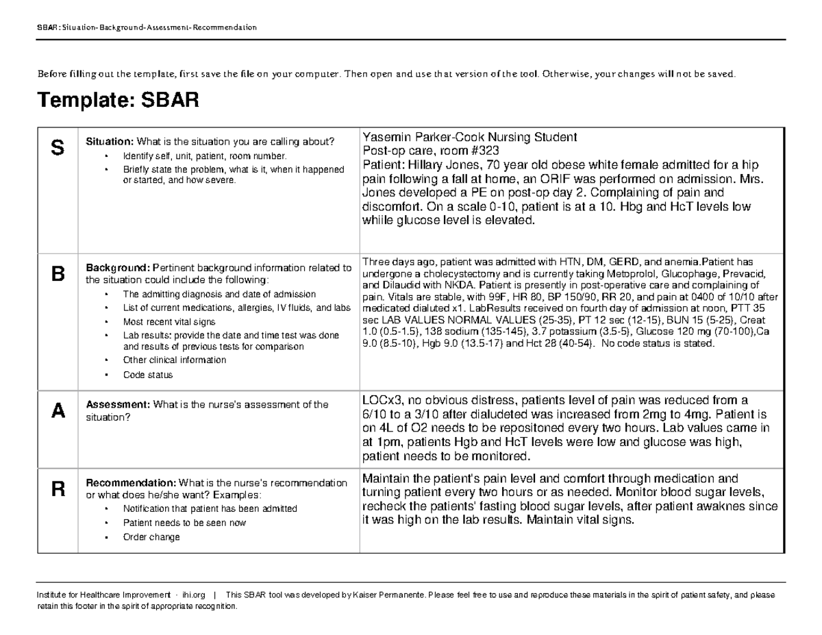 SBAR temp - sbar temp - SBAR: Situation-Backgrou n d-Assessmen t ...