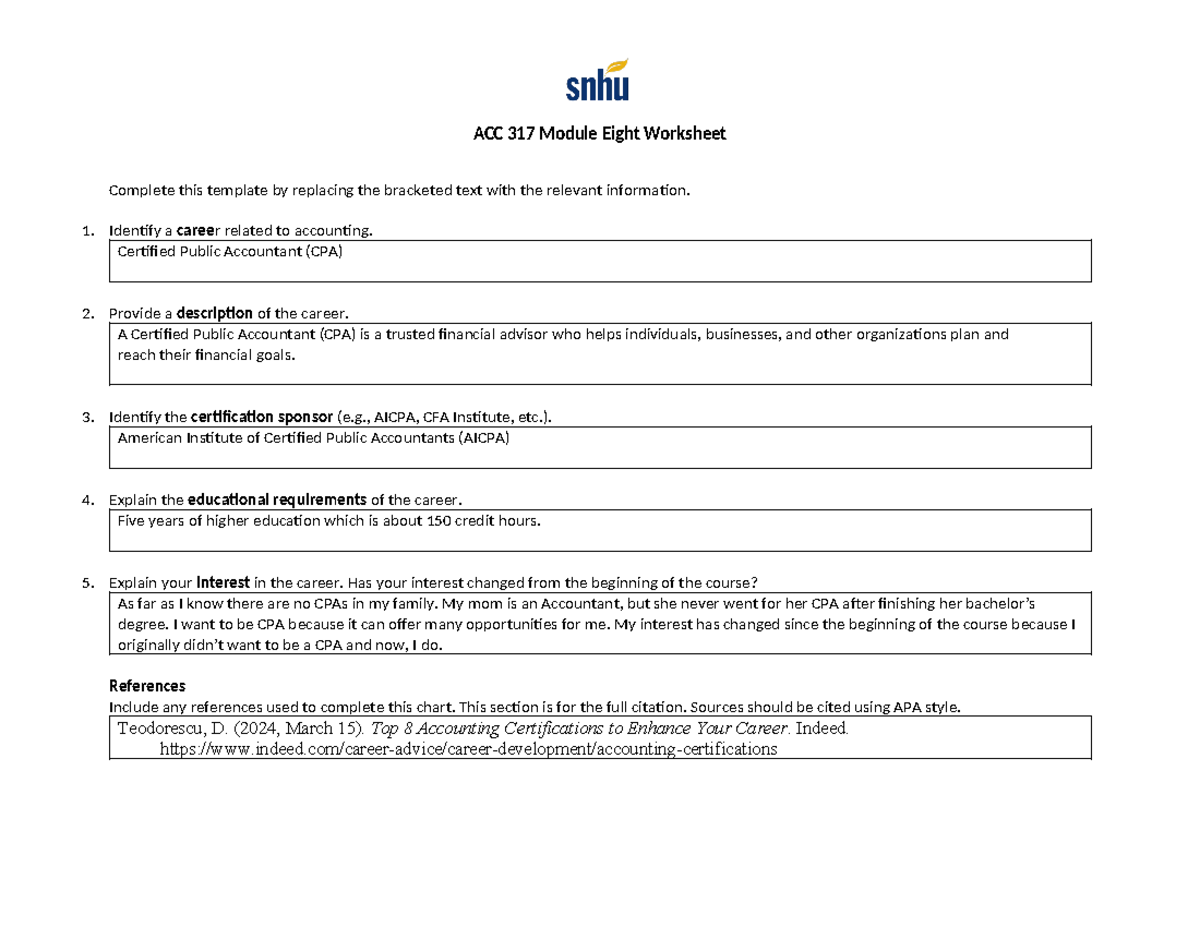 ACC317 Module 8 Worksheet - ACC 317 Module Eight Worksheet Complete ...