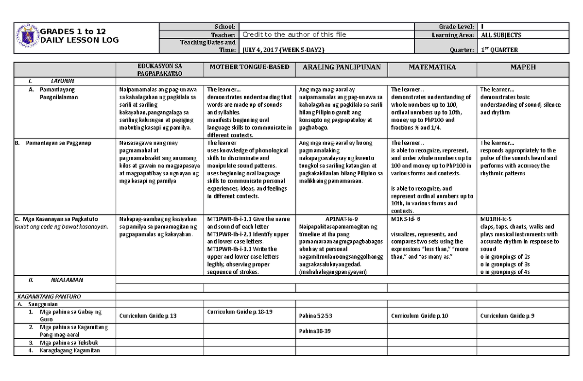 DLL ALL Subjects 1 Q1 W5 D2 - GRADES 1 to 12 DAILY LESSON LOG School ...