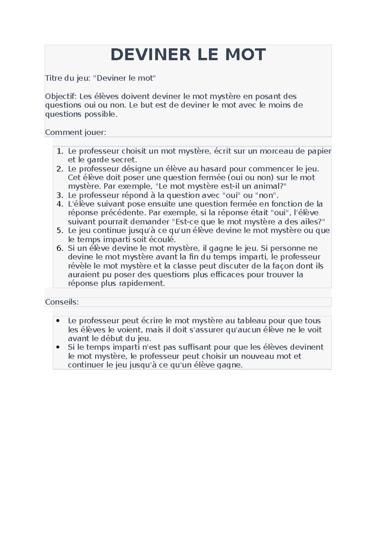 Deviner LE MOT ty - FICHE - DEVINER LE MOT Titre du jeu: 