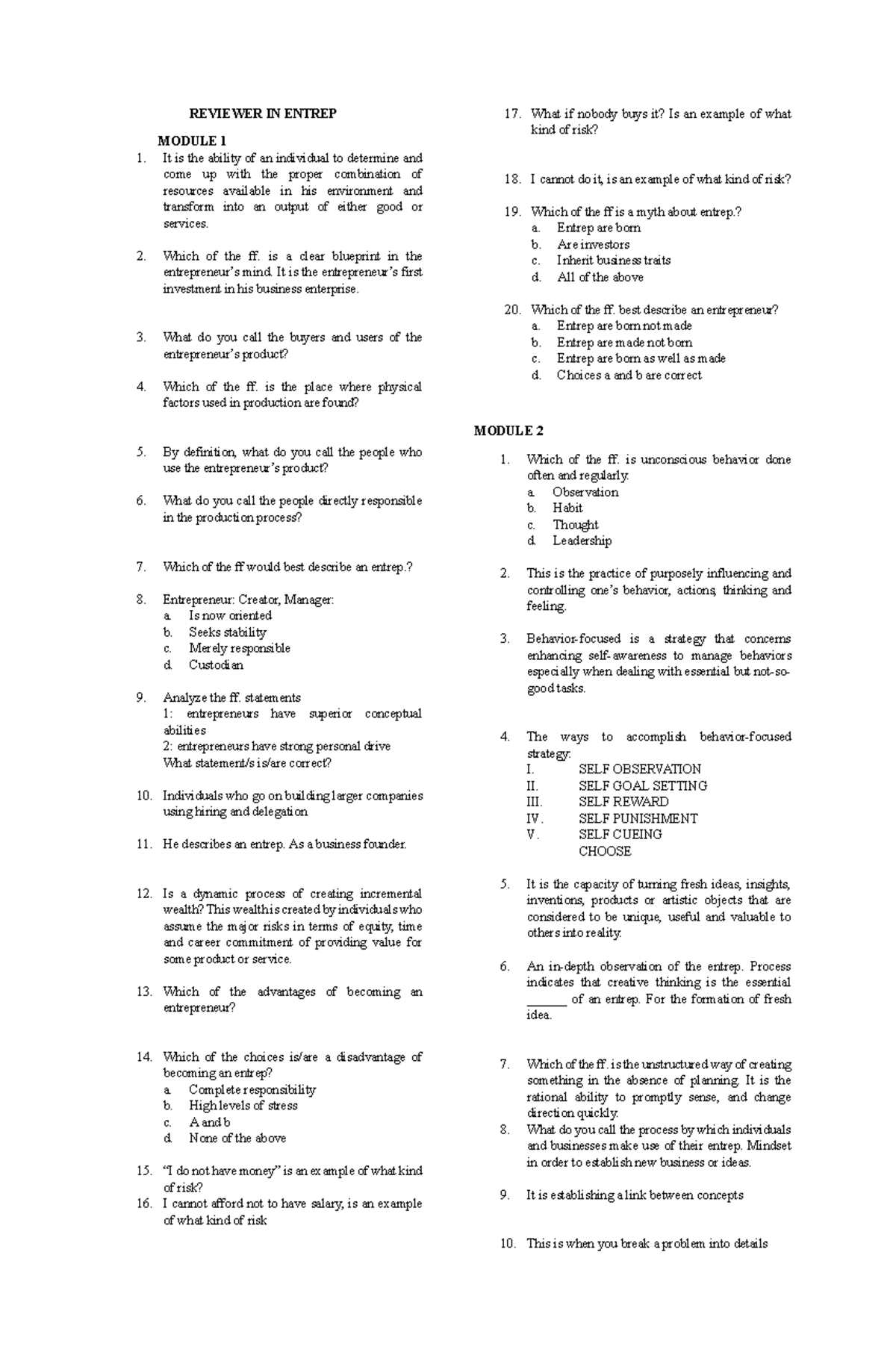 Reviewer-IN- Entrep - REVIEWER IN ENTREP MODULE 1 It is the ability of ...