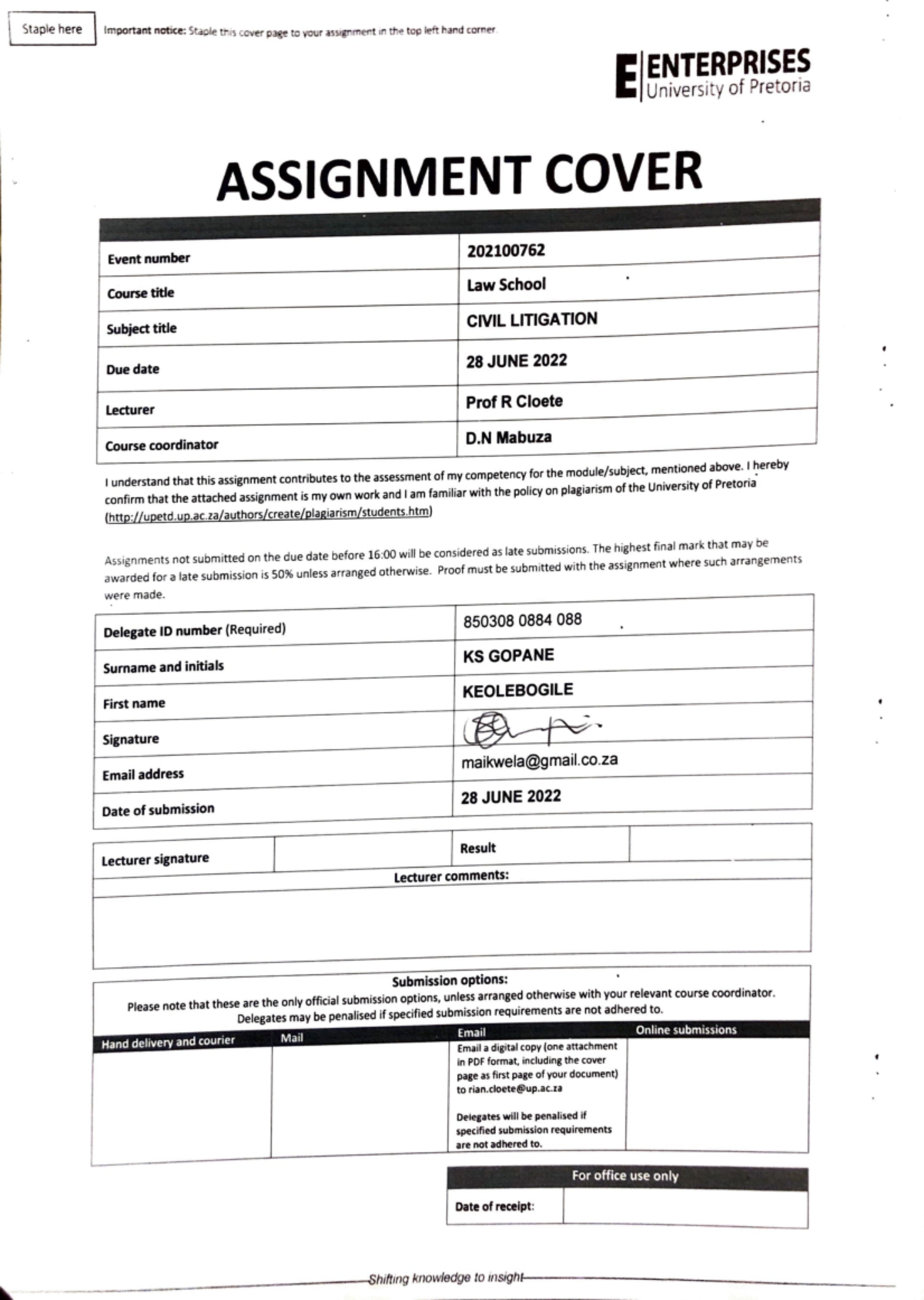 Civil Litigation Court Rules Staple here Important notice. Sta c