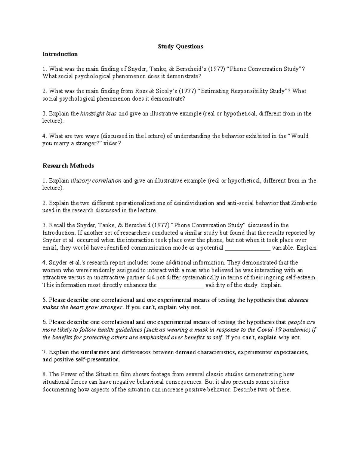 Study Questions for Intro and Research Methods - Study Questions ...