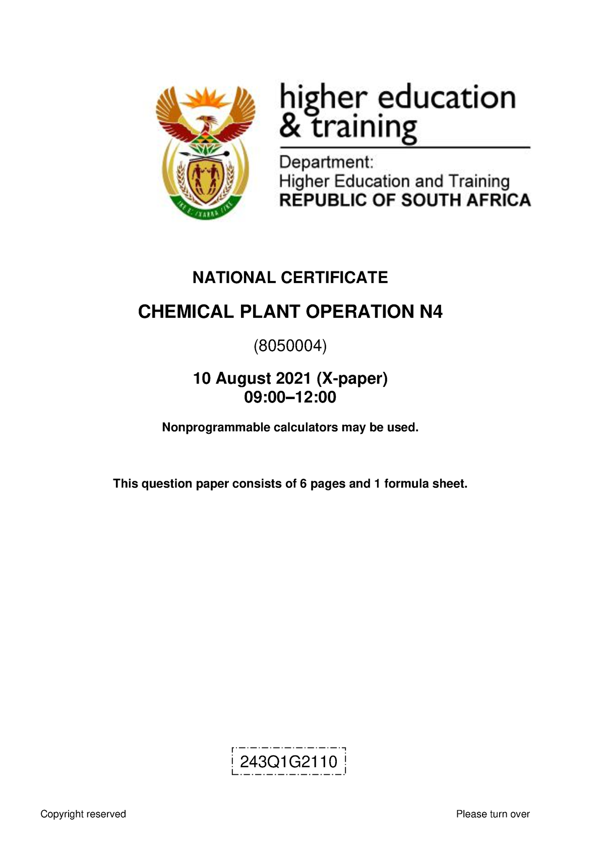 N4 Chemical Plant Operation August 2021 NATIONAL CERTIFICATE CHEMICAL