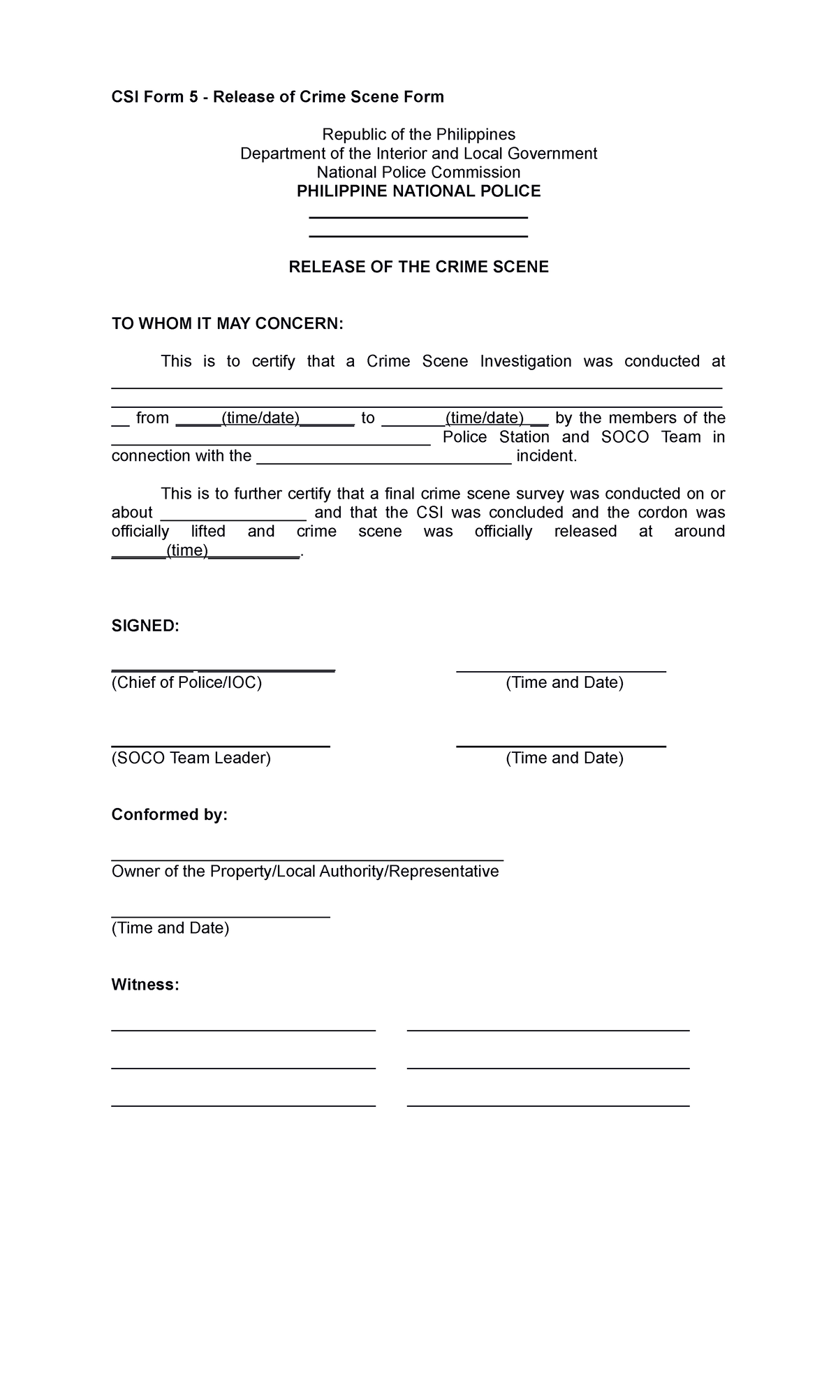 CSI Form 5 Release of Crime Scene Form - CSI Form 5 - Release of Crime ...