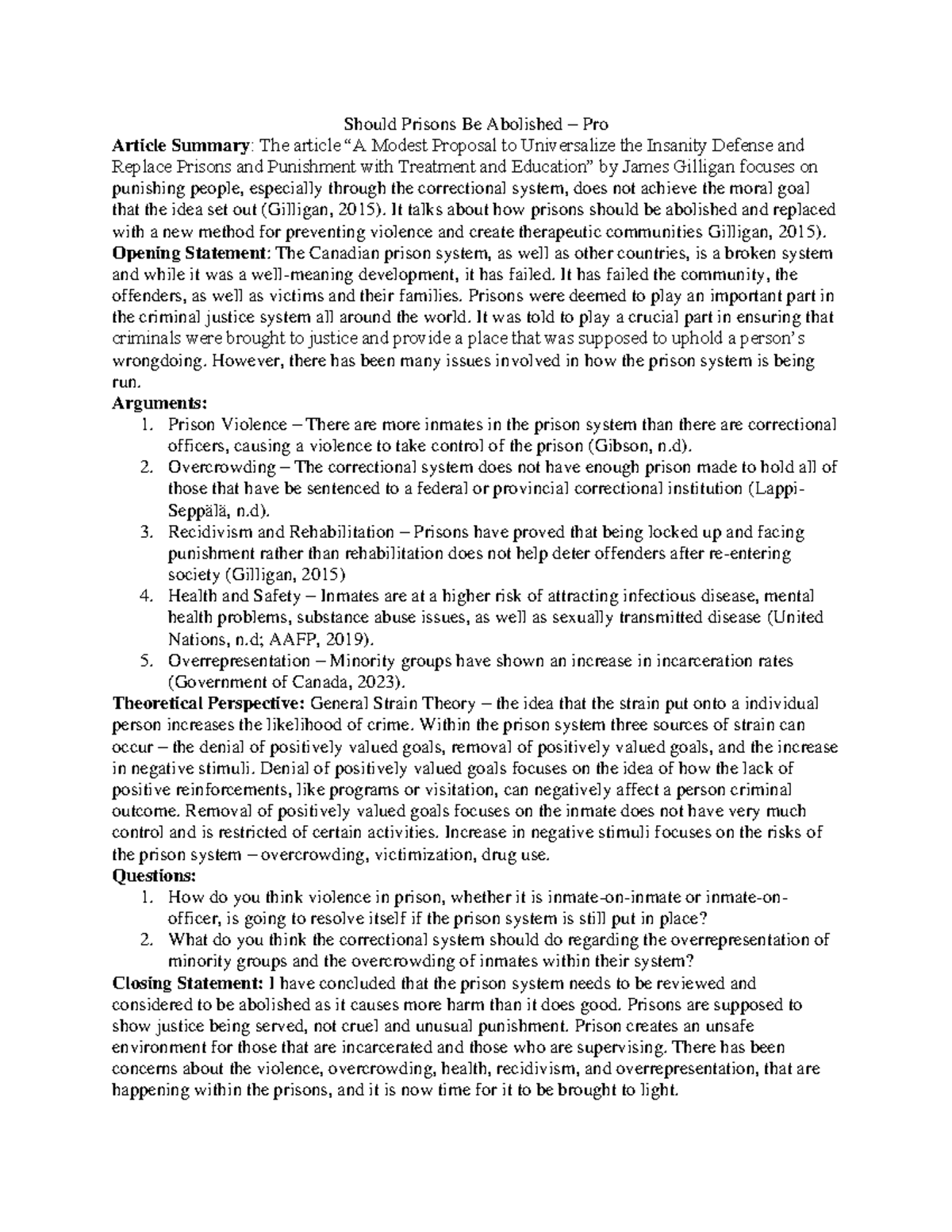 Handout Should Prisons Be Abolished Pro Article Summary The