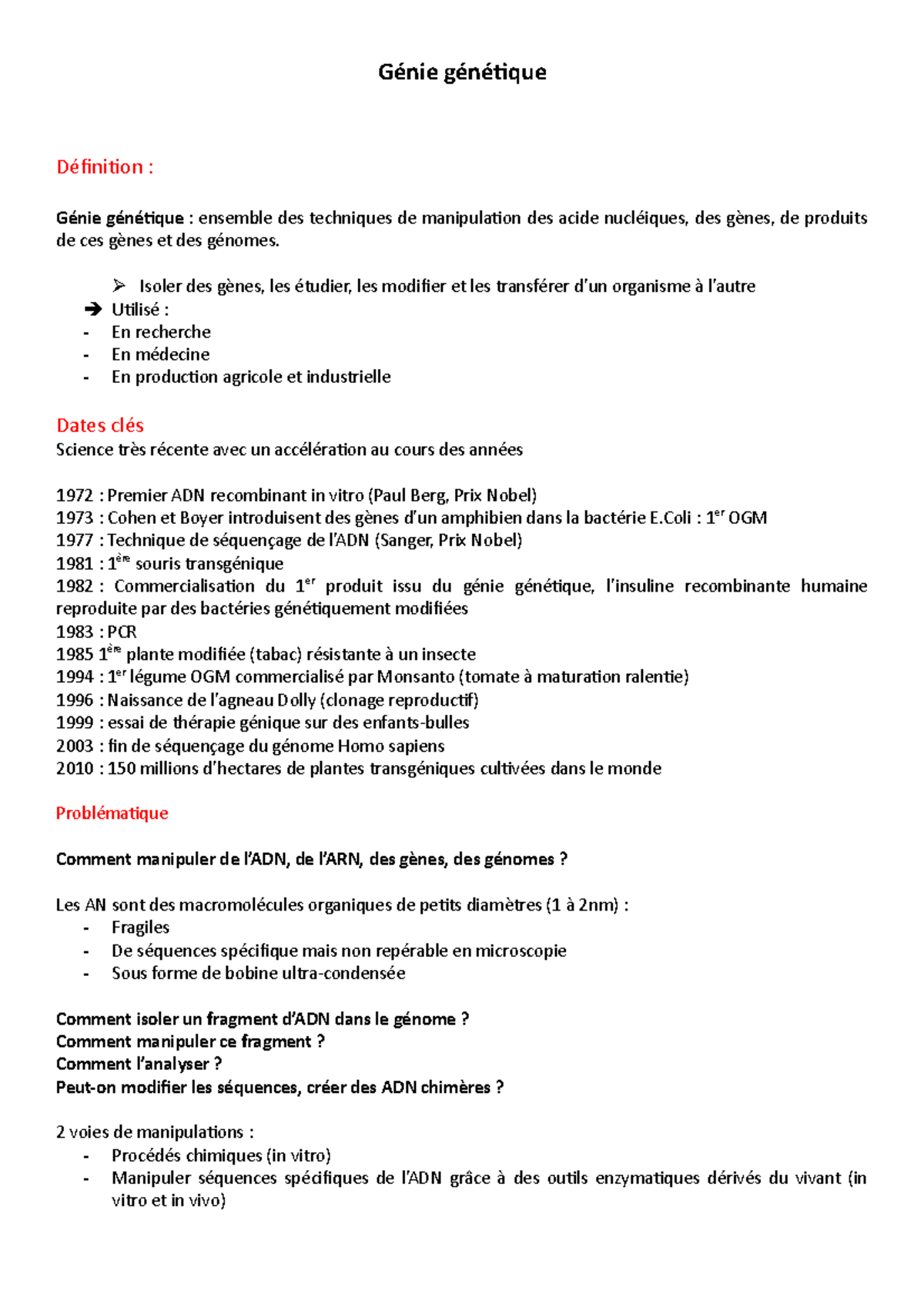 CM7 Génie génétique Notes de cours Génie génétique Définition
