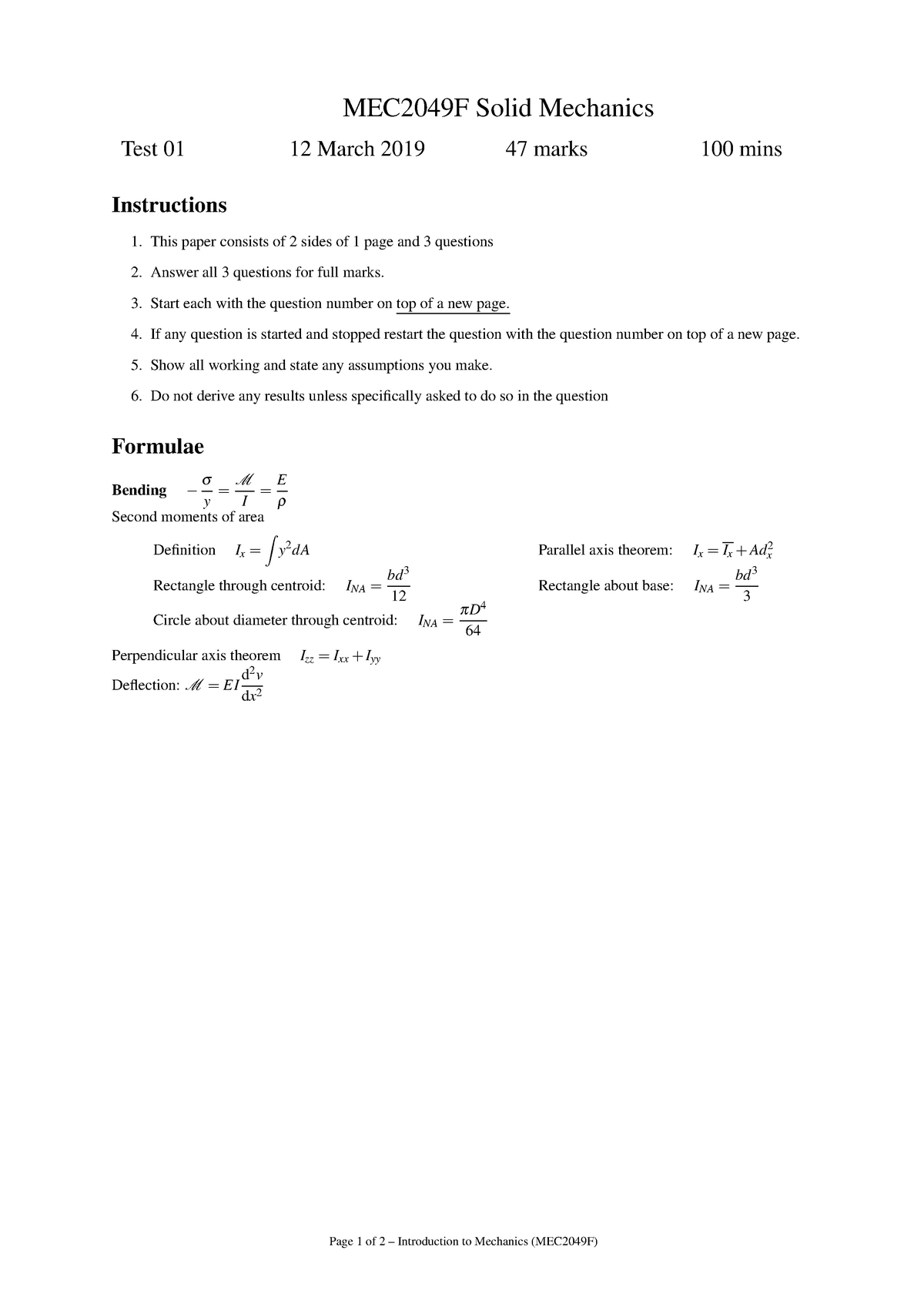 Test 12 March 2019, Questions - MEC2049F Solid Mechanics Test 01 12 ...