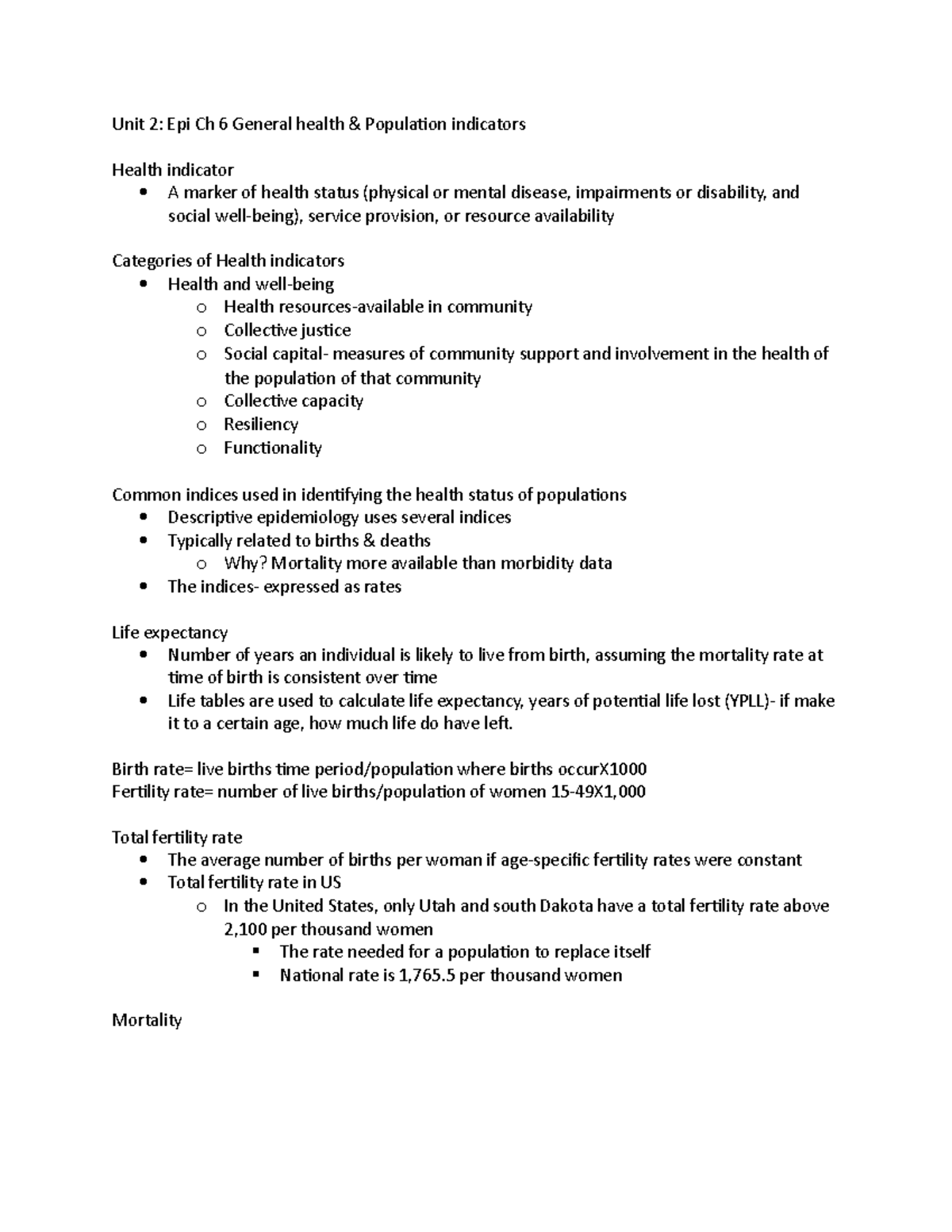 Unit 2Epidemiology Ch 6 Unit 2 Epi Ch 6 General health & Population indicators Health Studocu