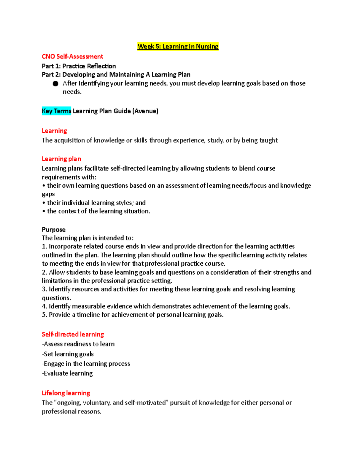 Week 5 Learning in Nursing - Week 5: Learning in Nursing CNO Self ...