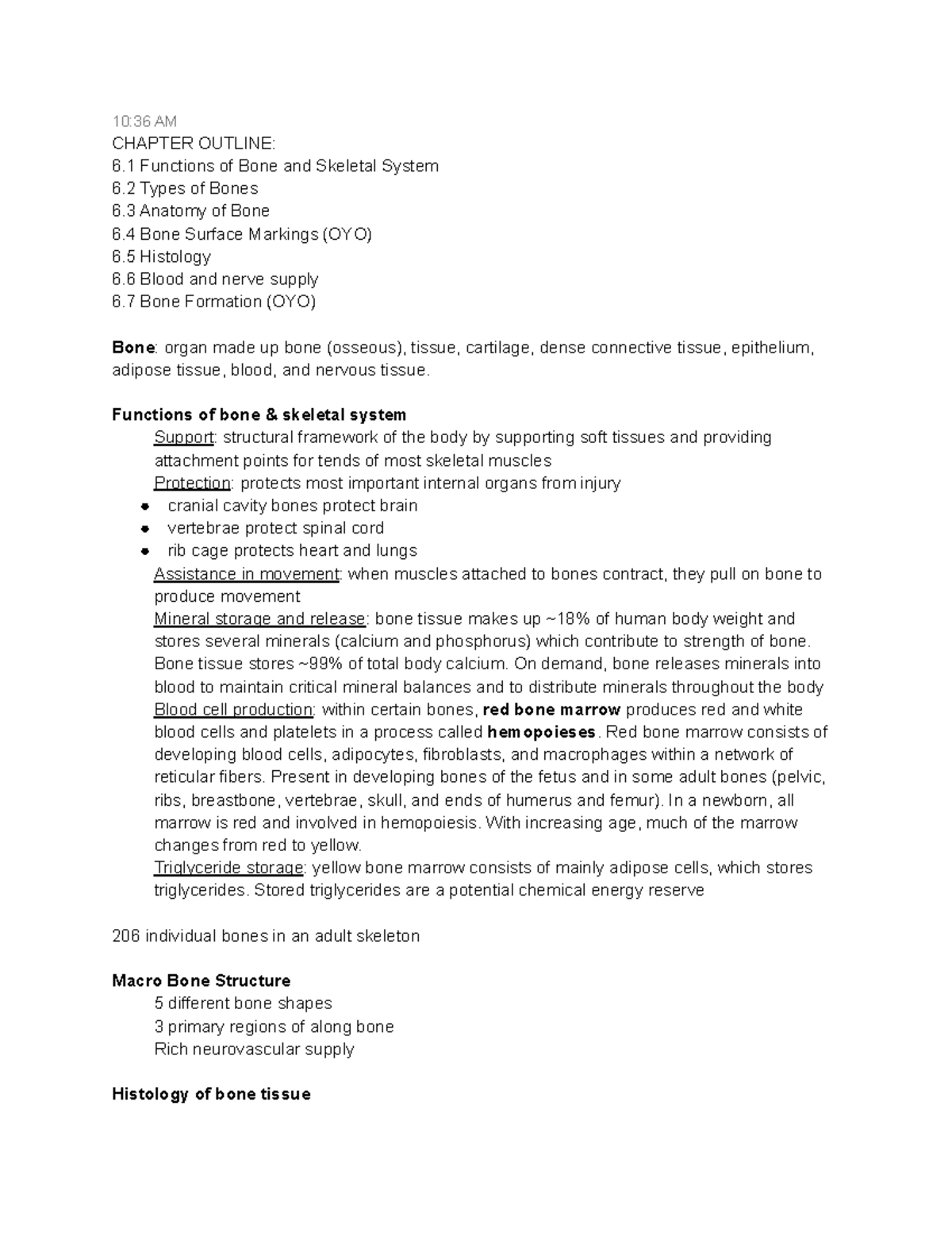 Ch 6 Bone Tissue - 10:36 Am Chapter Outline: 6 Functions Of Bone And 