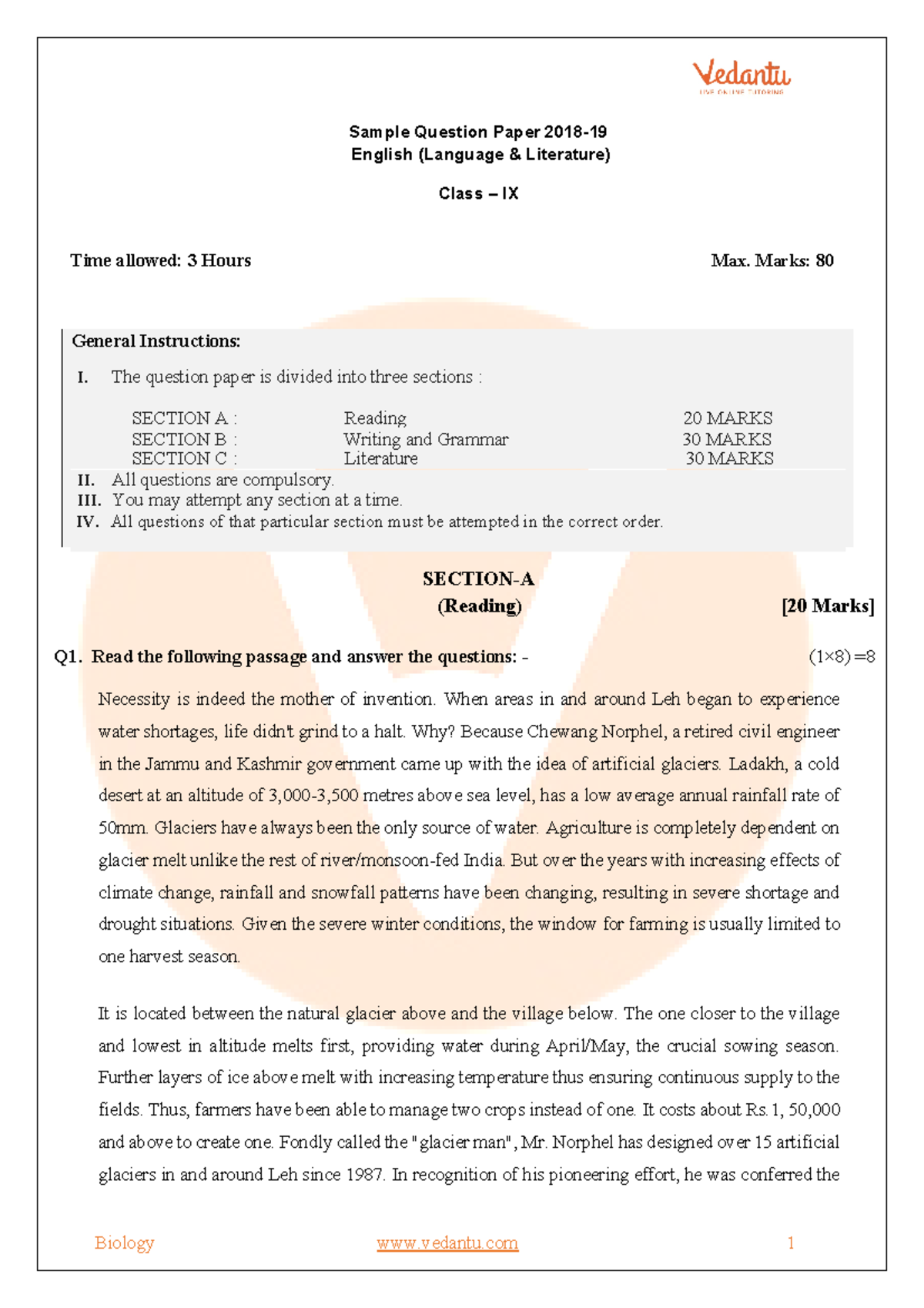CBSE Class 9 English Paper 1 Sample Question Paper 2018 English