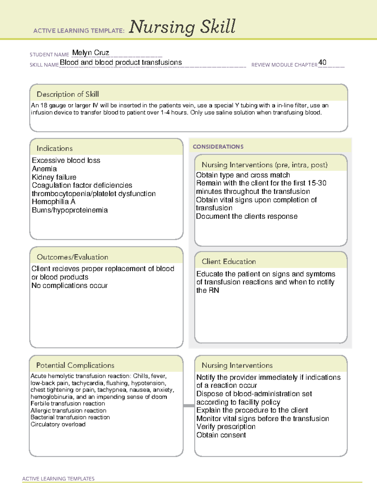 Blood transfusion ACTIVE LEARNING TEMPLATES Nursing Skill STUDENT