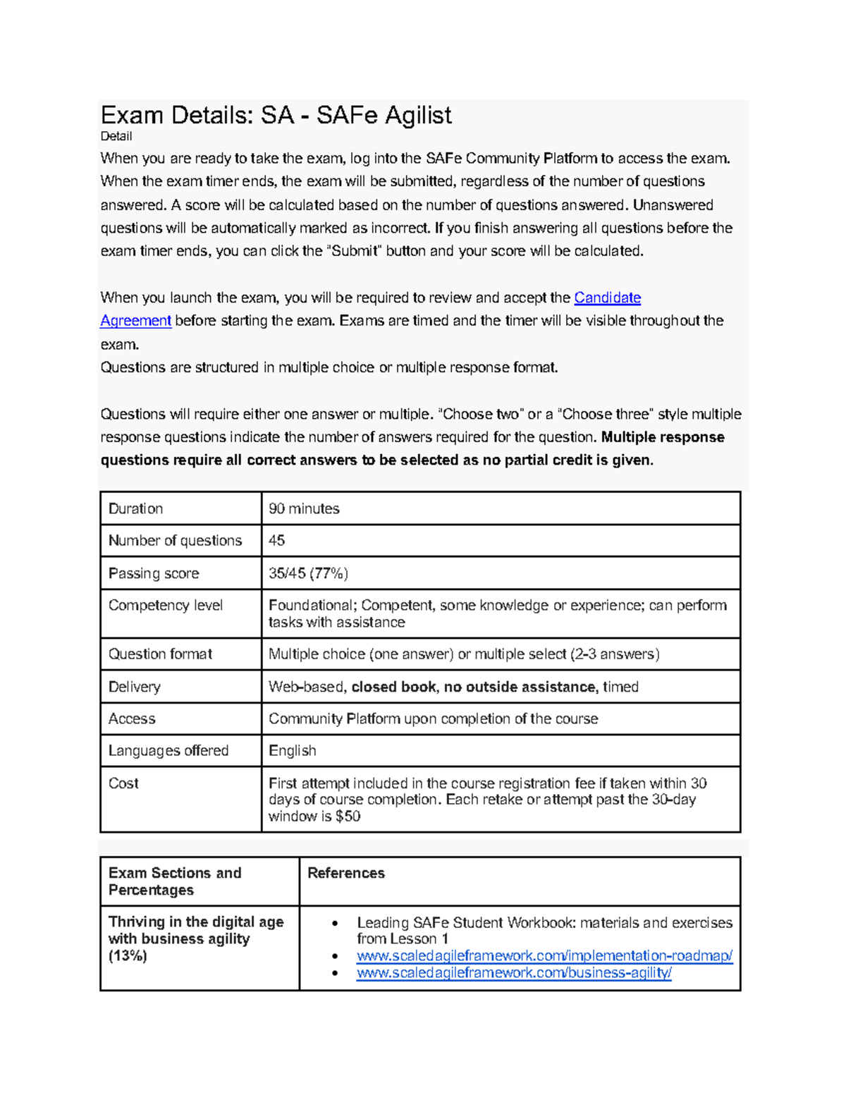 Scaled Agile Framework (SAFe) SA Exam Study Guide Exam Details SA