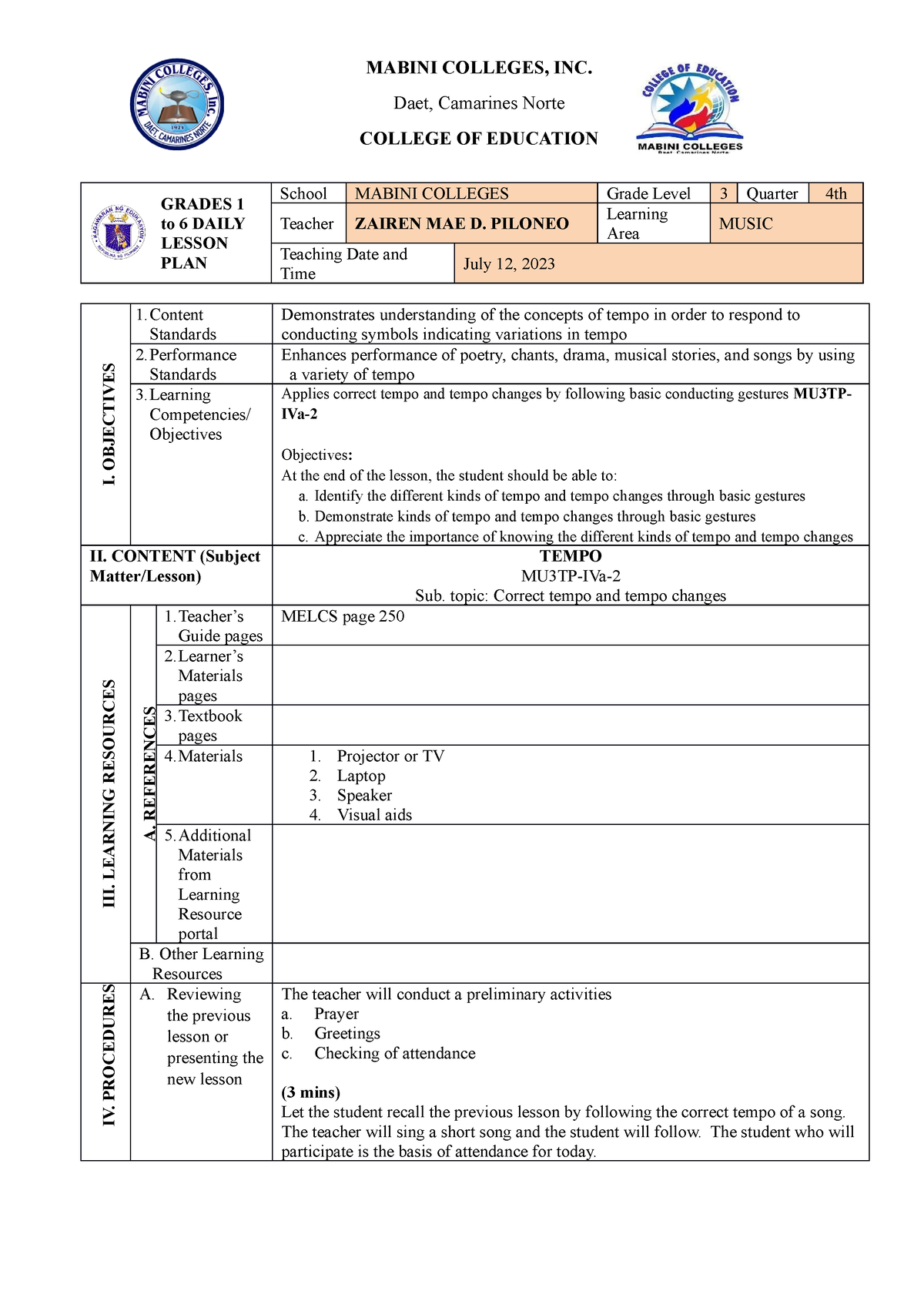 Grade 3 Quarter 4 Piloneo Zairen Mae Lesson Plan - Daet, Camarines ...