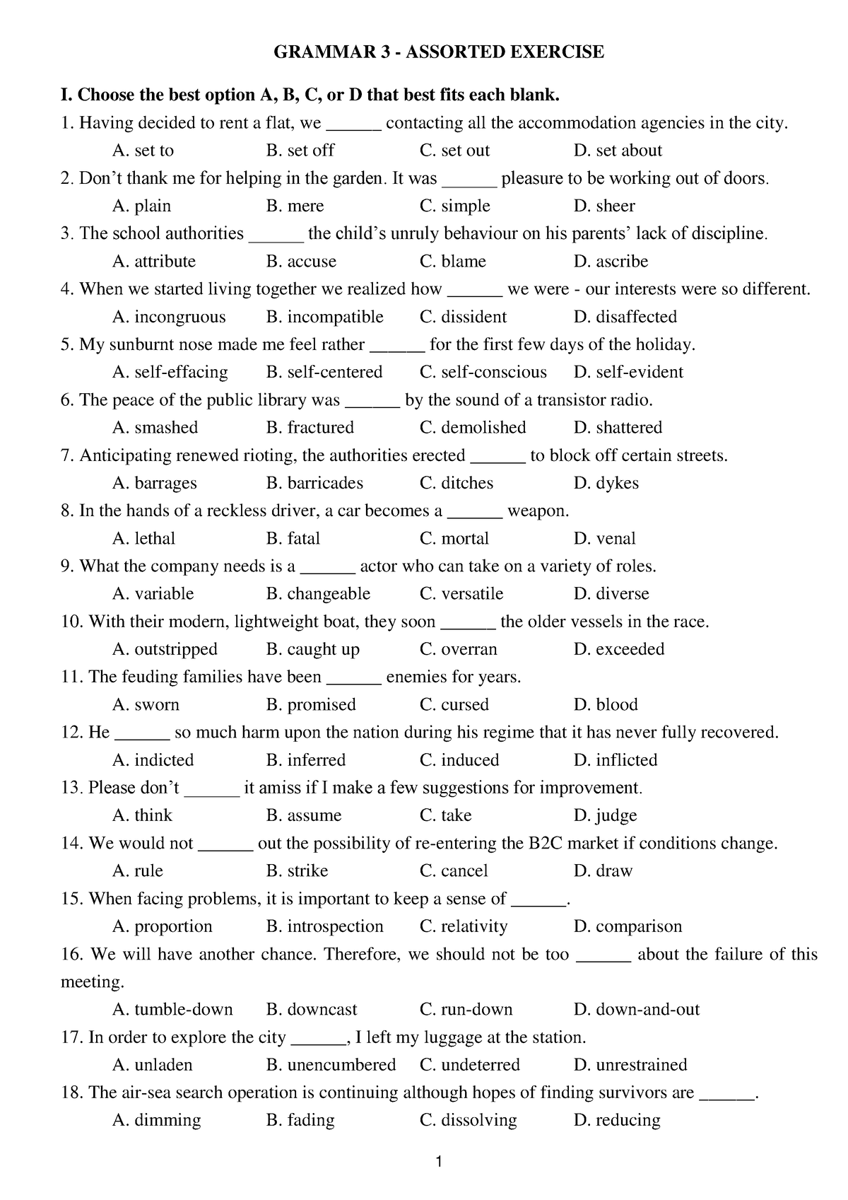 Assorted Exercise - 1 GRAMMAR 3 - ASSORTED EXERCISE I. Choose the best ...