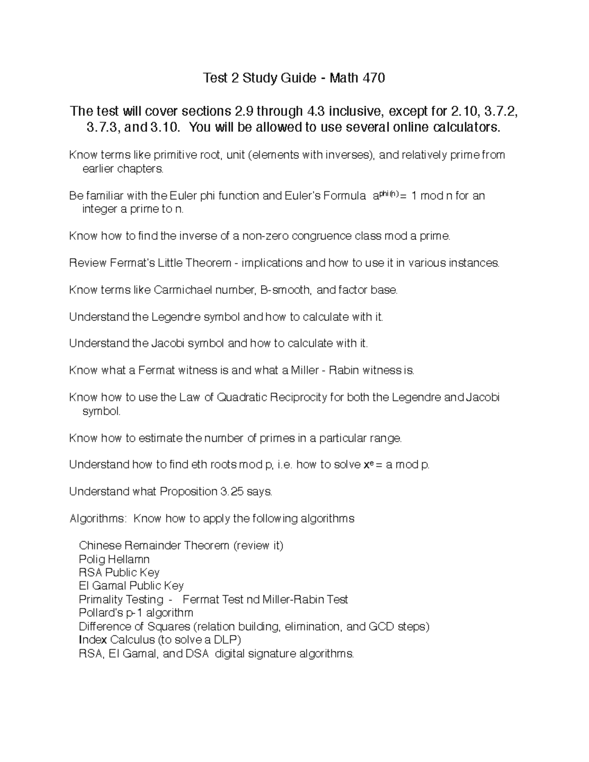 Test 2 Study Guide - Test 2 Study Guide - Math 470 The test will cover ...