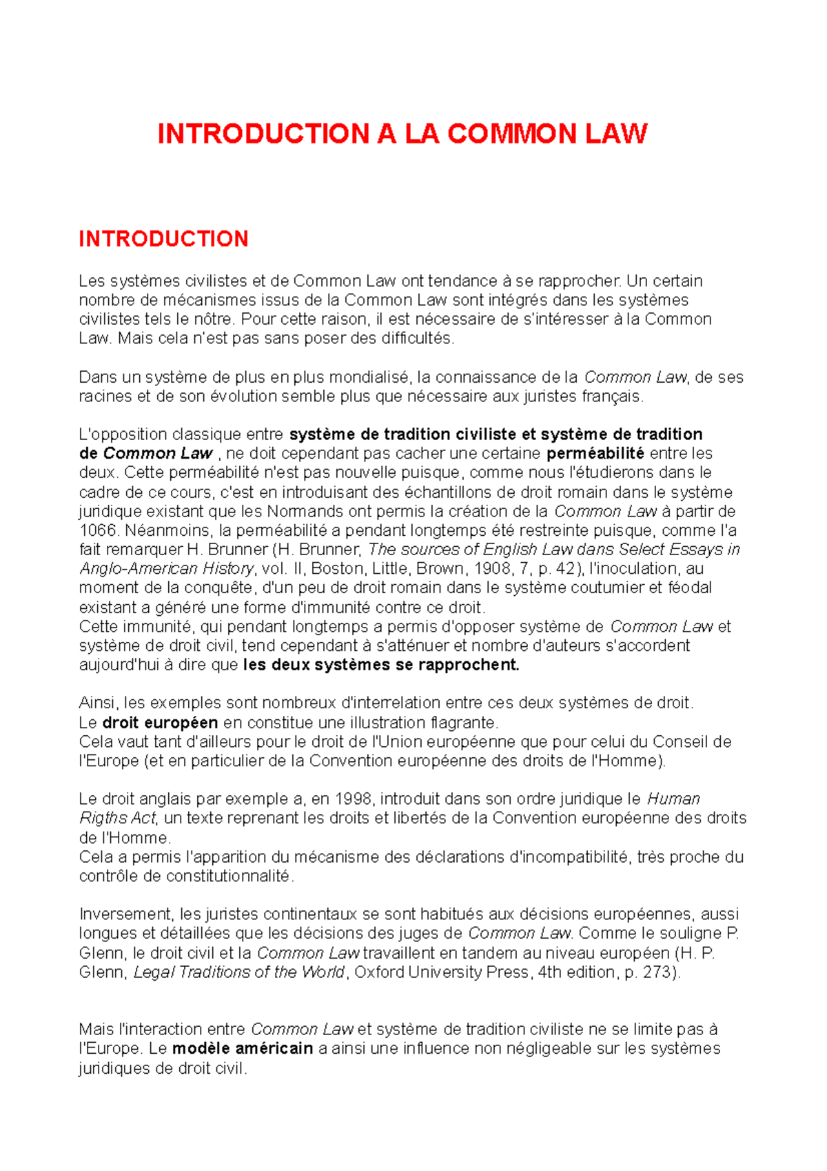 Introduction à la Common Law INTRODUCTION A LA COMMON LAW