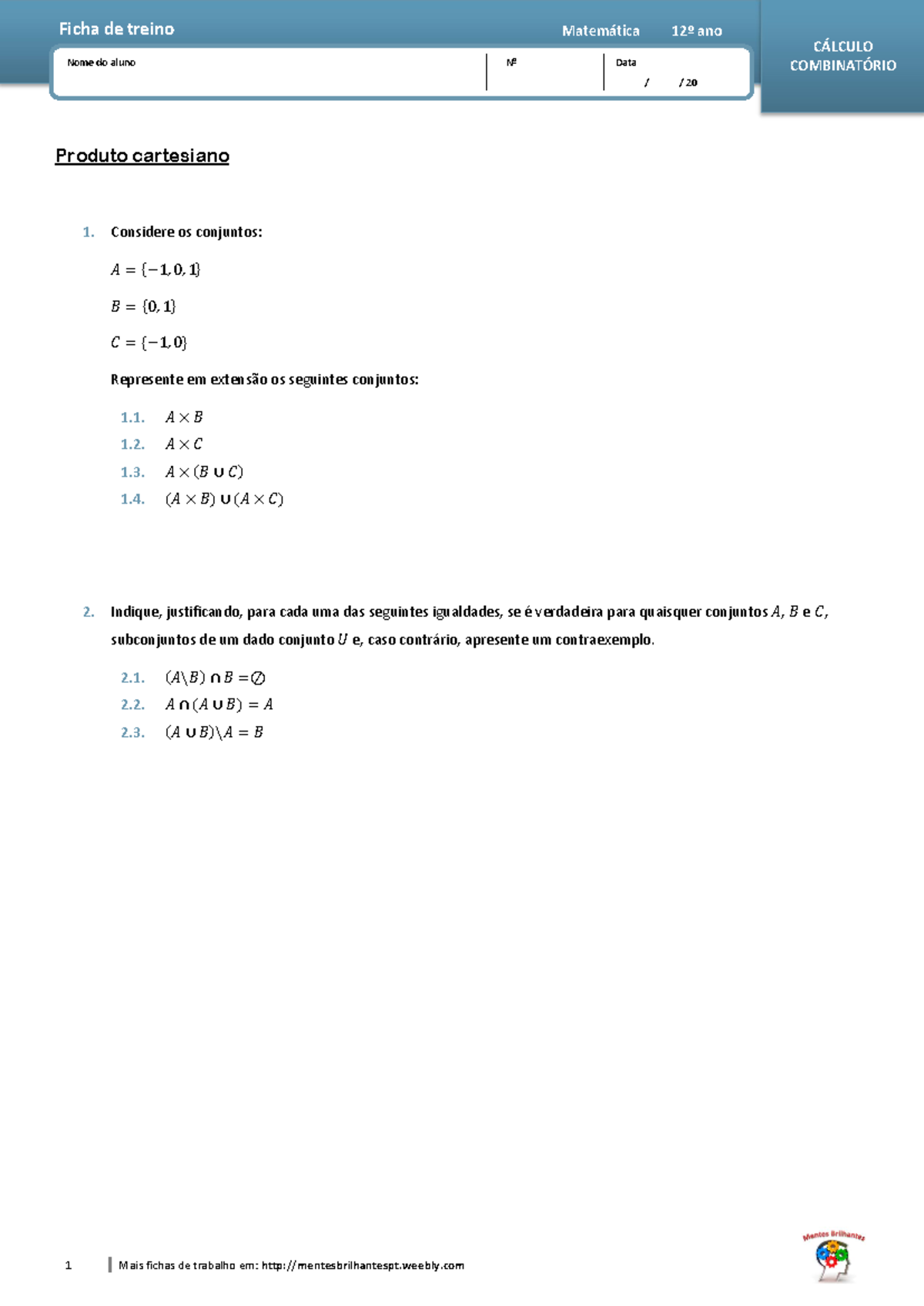 2 produto cartesiano - matematica - 1 Mais fichas de trabalho em ...