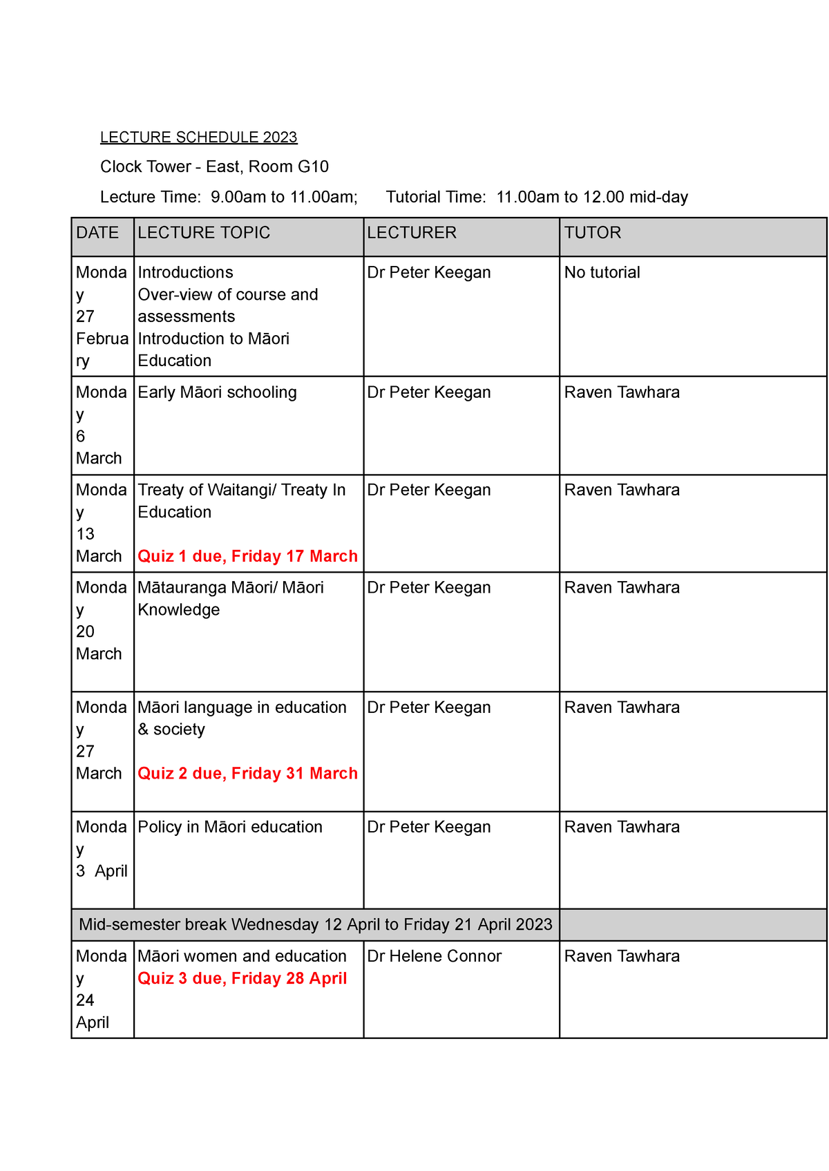 114 Lecture Schedule 2023 - LECTURE SCHEDULE 2023 Clock Tower - East ...