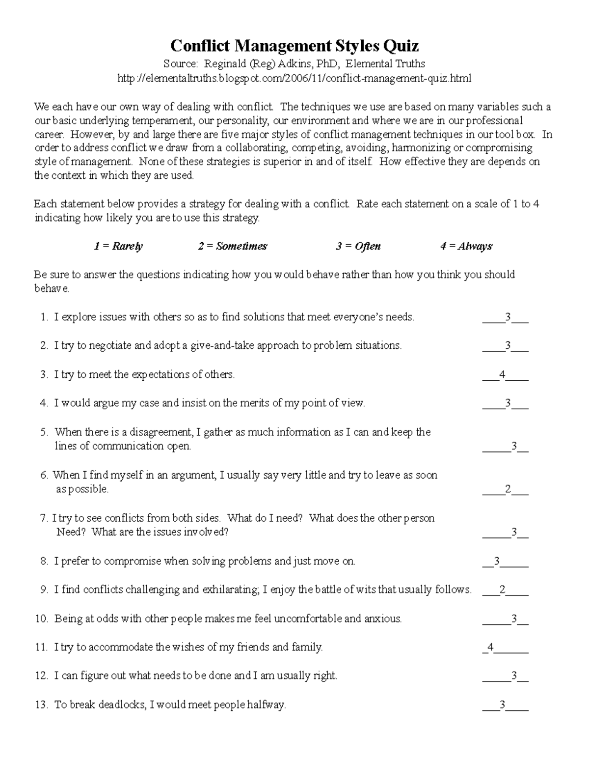 Conflict management styles quiz - Conflict Management Styles Quiz ...