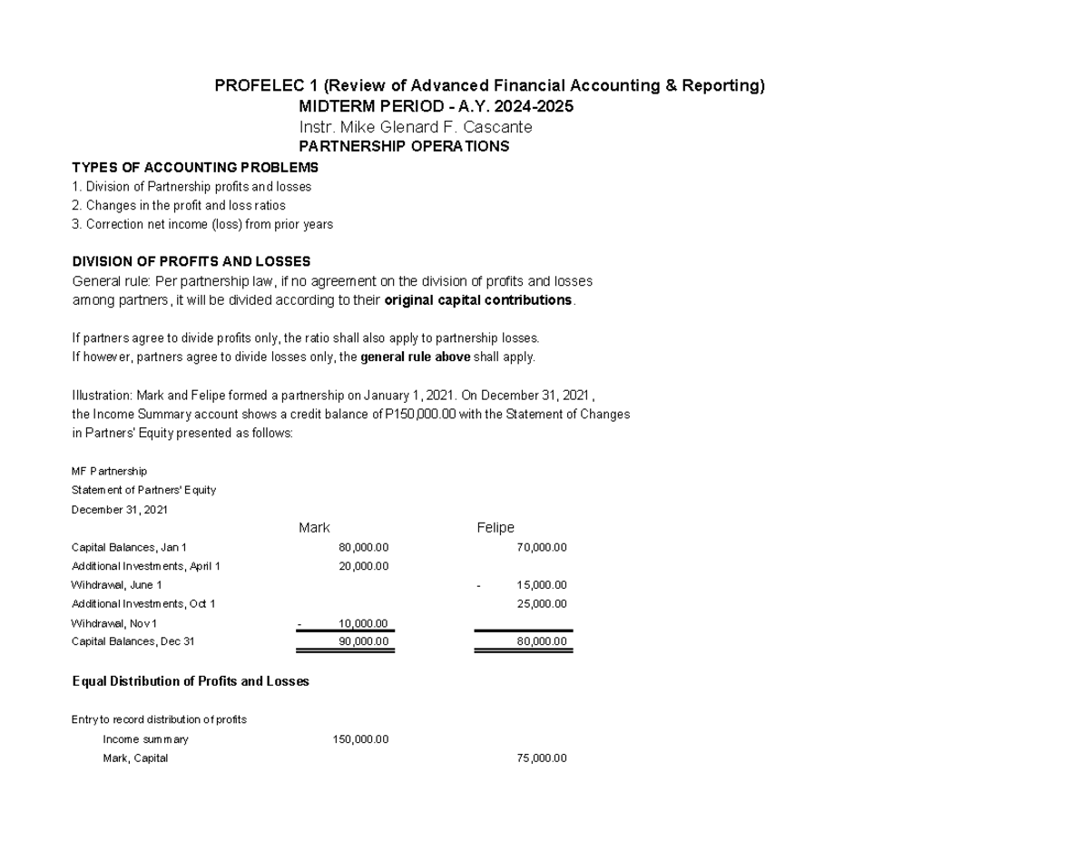 Partnership Operations - PROFELEC 1 (Review of Advanced Financial ...