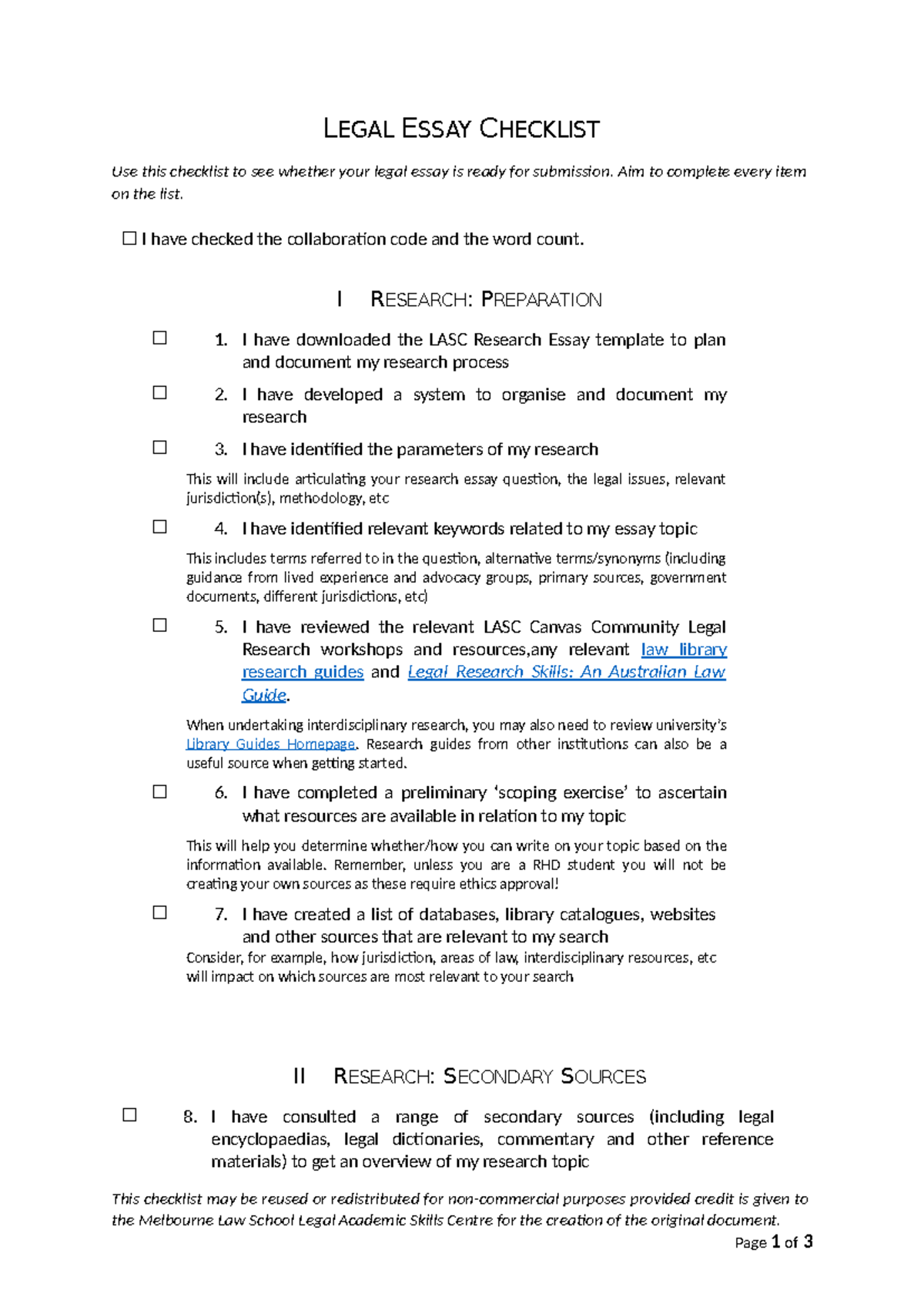 Legal Essay Checklist for Research 1 - LEGAL ESSAY CHECKLIST Use this ...