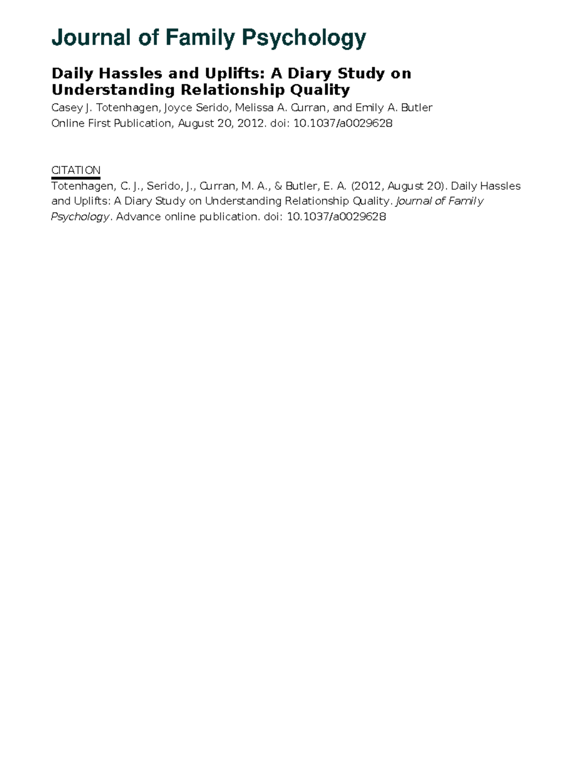 COR LKLJ Journal of Family Psychology Daily Hassles and Uplifts A