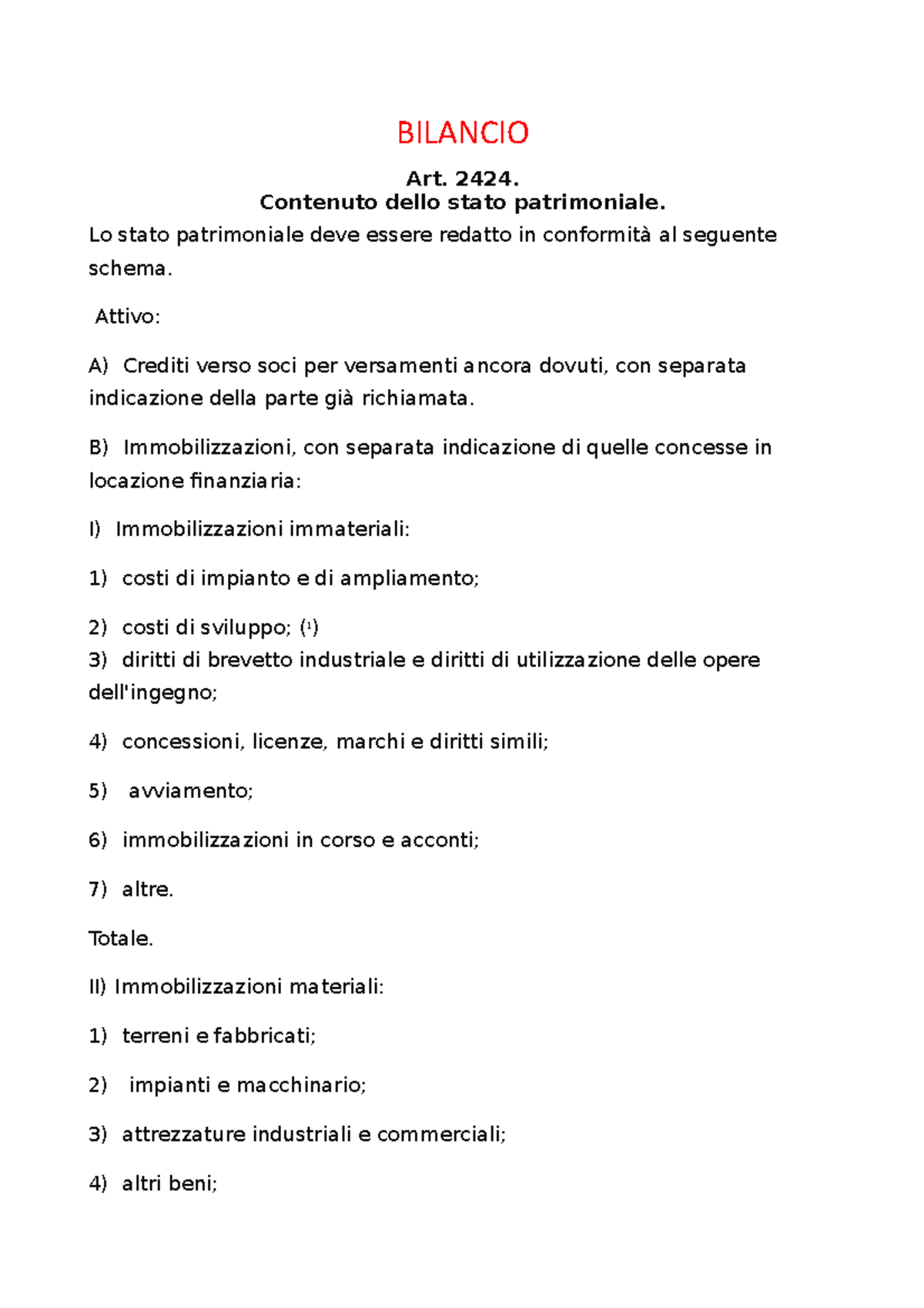 Bilancio - BILANCIO Contenuto Dello Stato Patrimoniale. Art. 2424. Lo ...