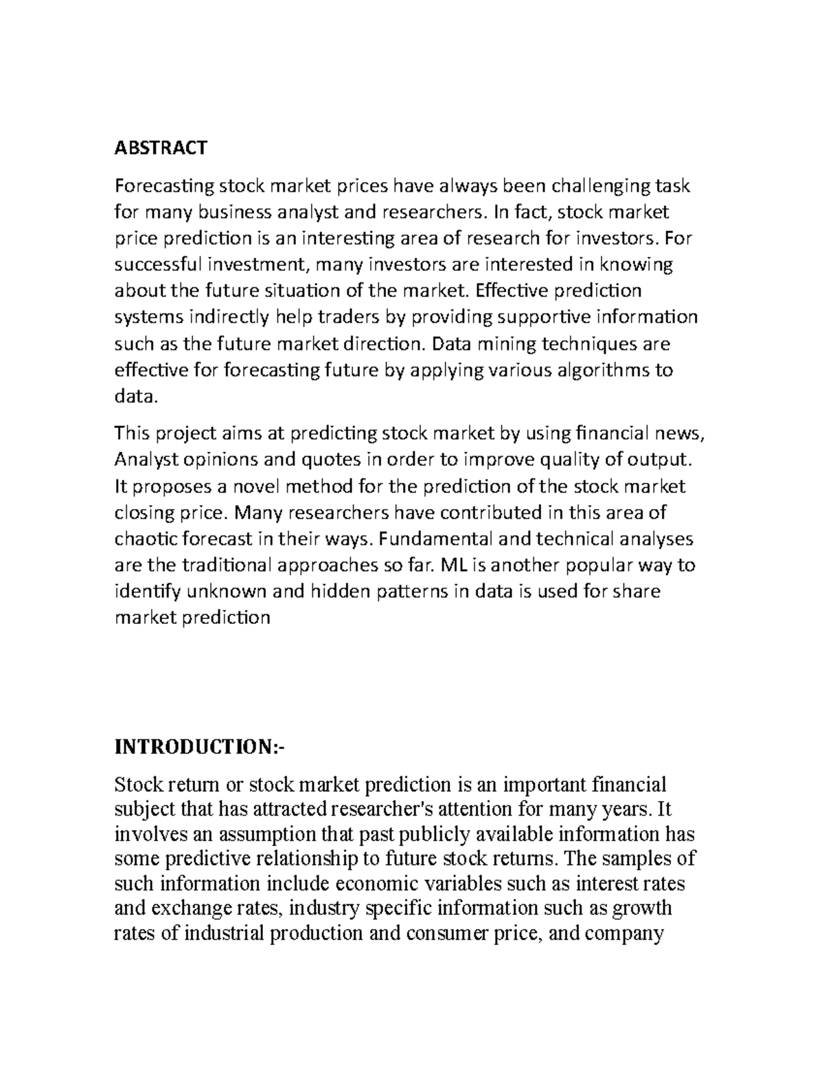 Abstract - nothing - ABSTRACT Forecasting stock market prices have ...