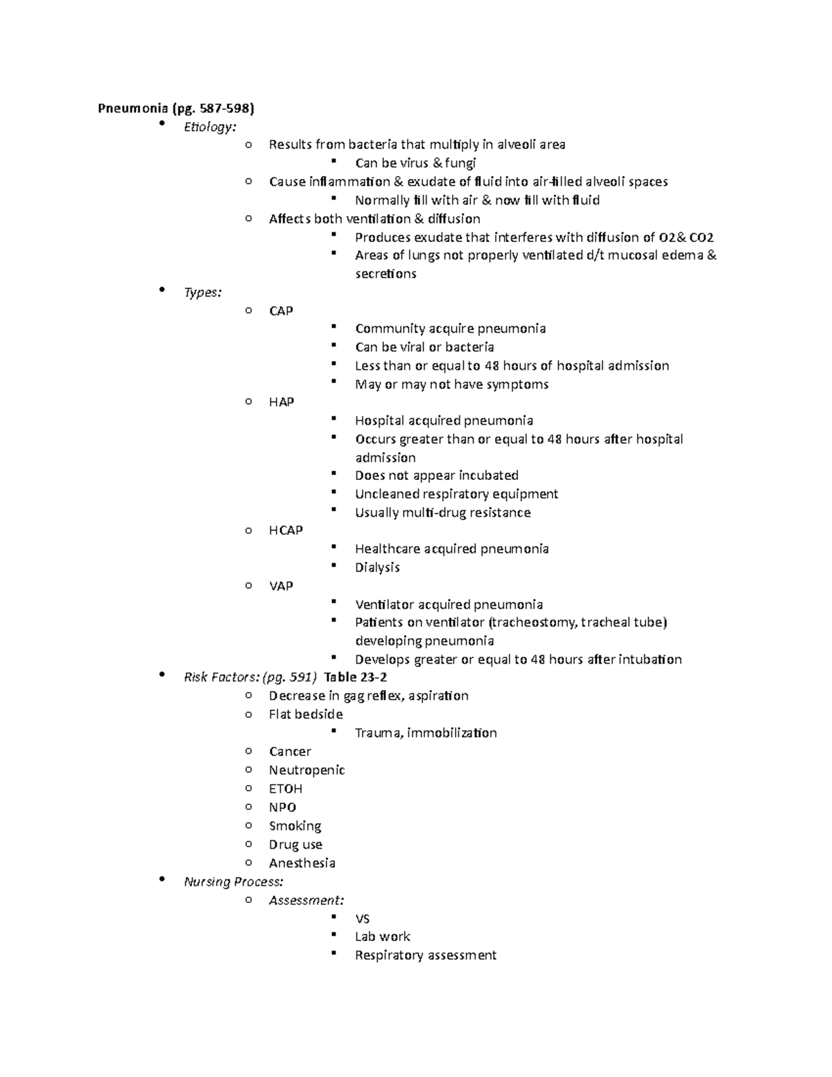 Pneumonia - Exam 3 - Pneumonia (pg. 587-598) Eiology: o Results from ...