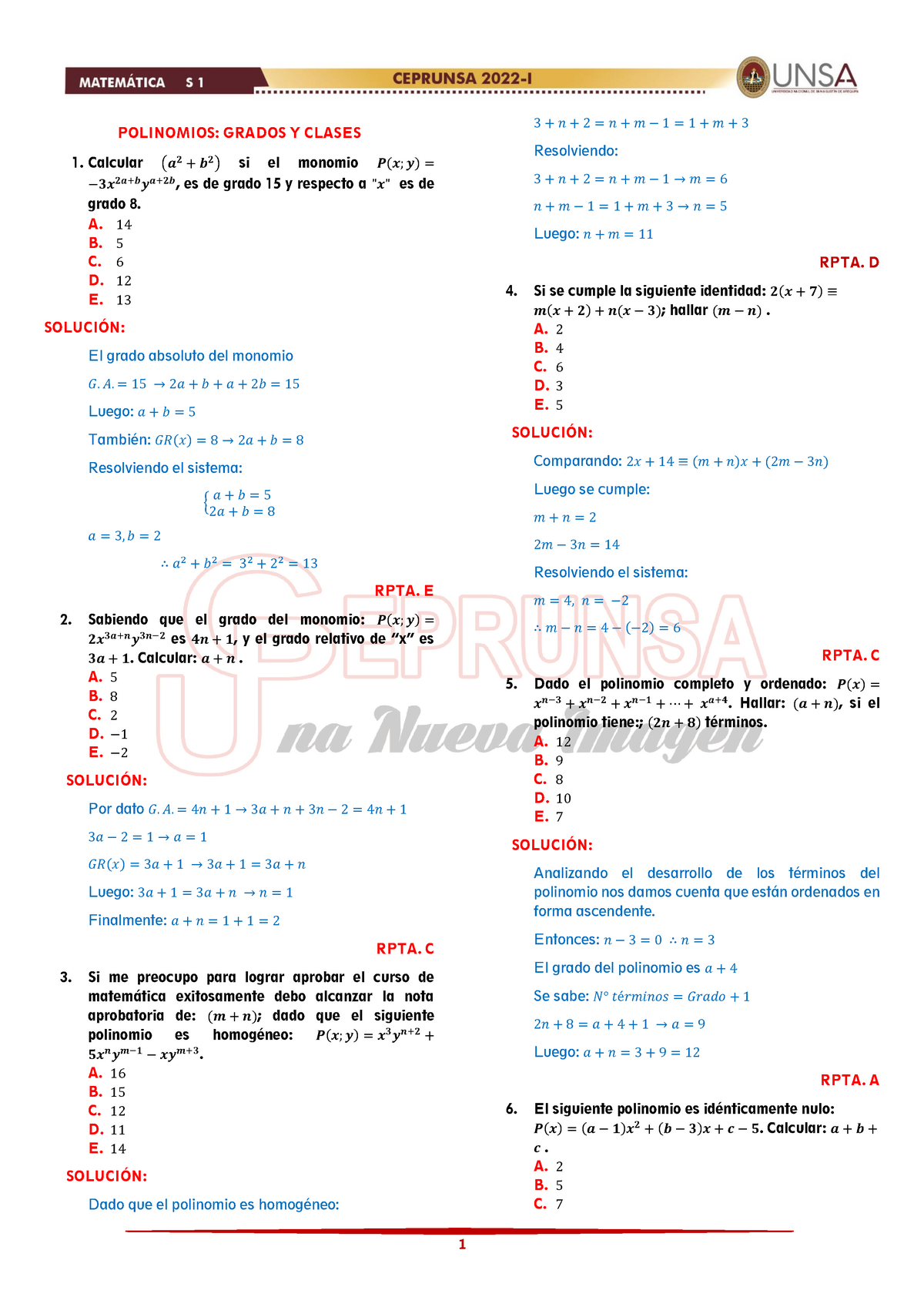 03 Matematica Solucionario 01 Ceprunsa 2022 I FASE - POLINOMIOS: GRADOS ...