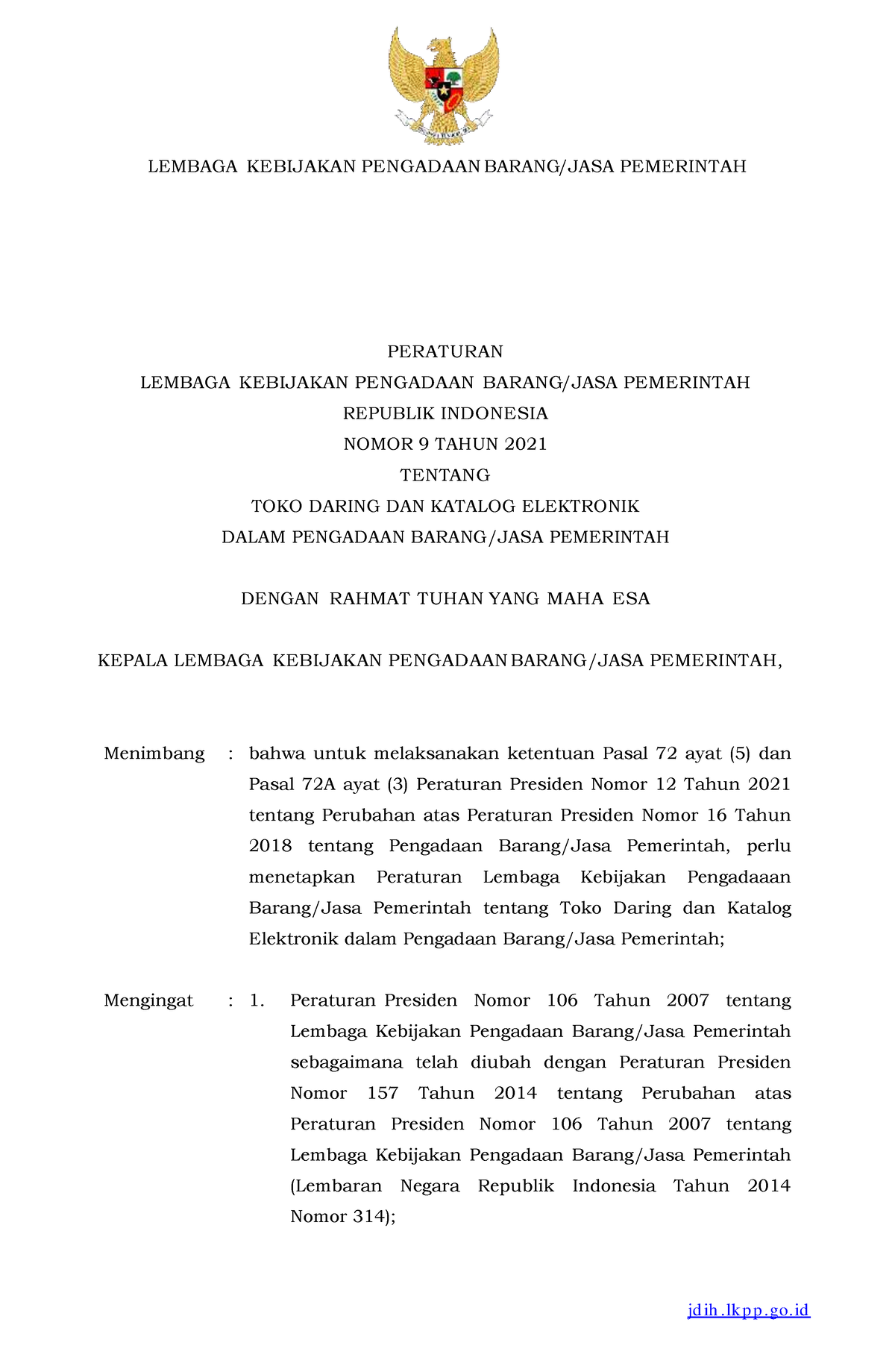 Peraturan LKPP Nomor 9 Tahun 2021 - Pengantar Ilmu Pemerintahan - UNJA ...