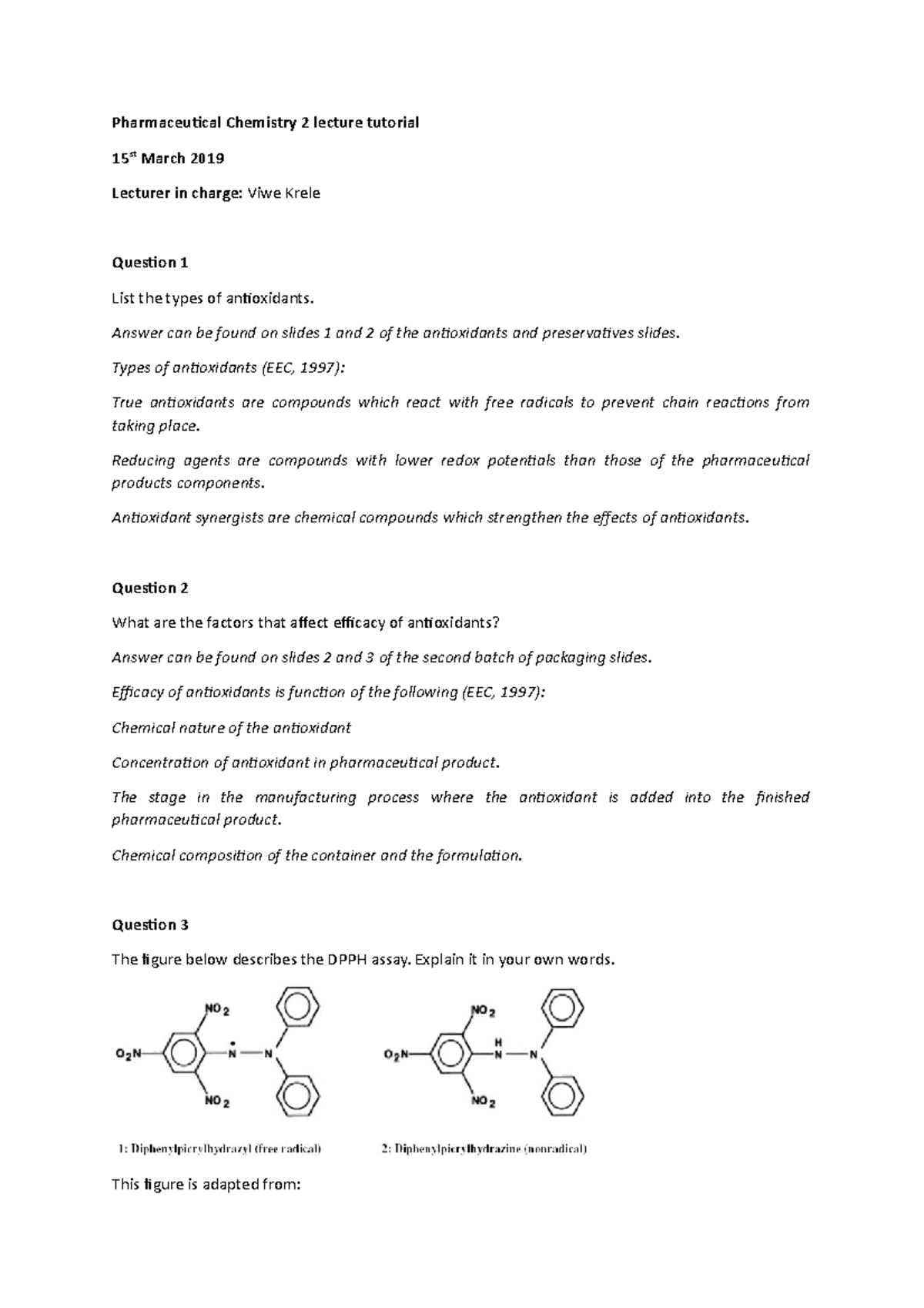 Antioxidant Tut tut Pharmaceutical Chemistry 2 lecture tutorial 15