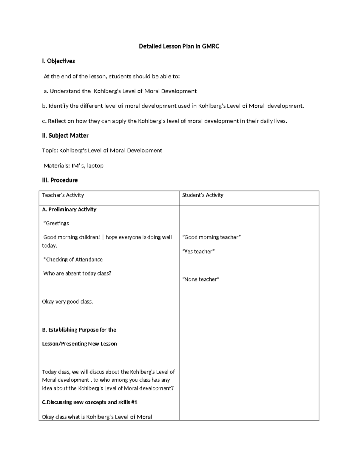 Lesson Plan WPS Office - Detailed Lesson Plan in GMRC I. Objectives At ...