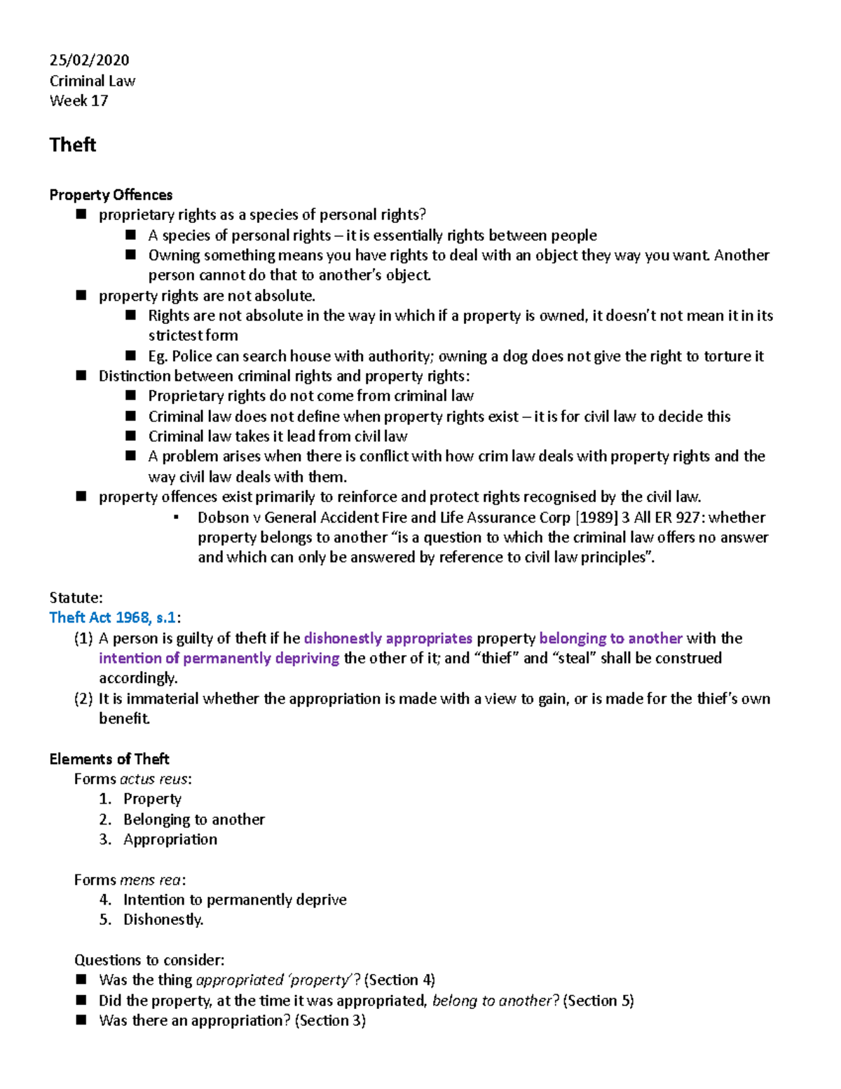 Theft Lecture - 25/02/ Criminal Law Week 17 Theft Property Offences ...