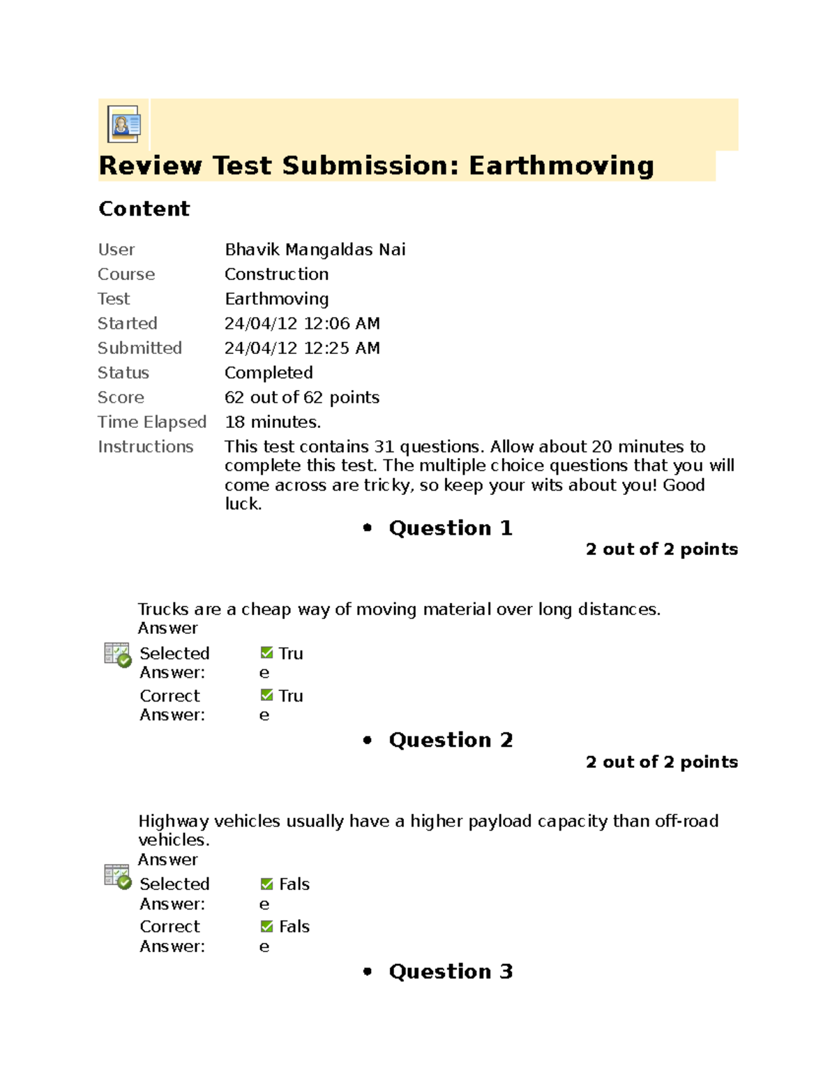 All Construction Quizzes Review Test Submission Earthmoving Content